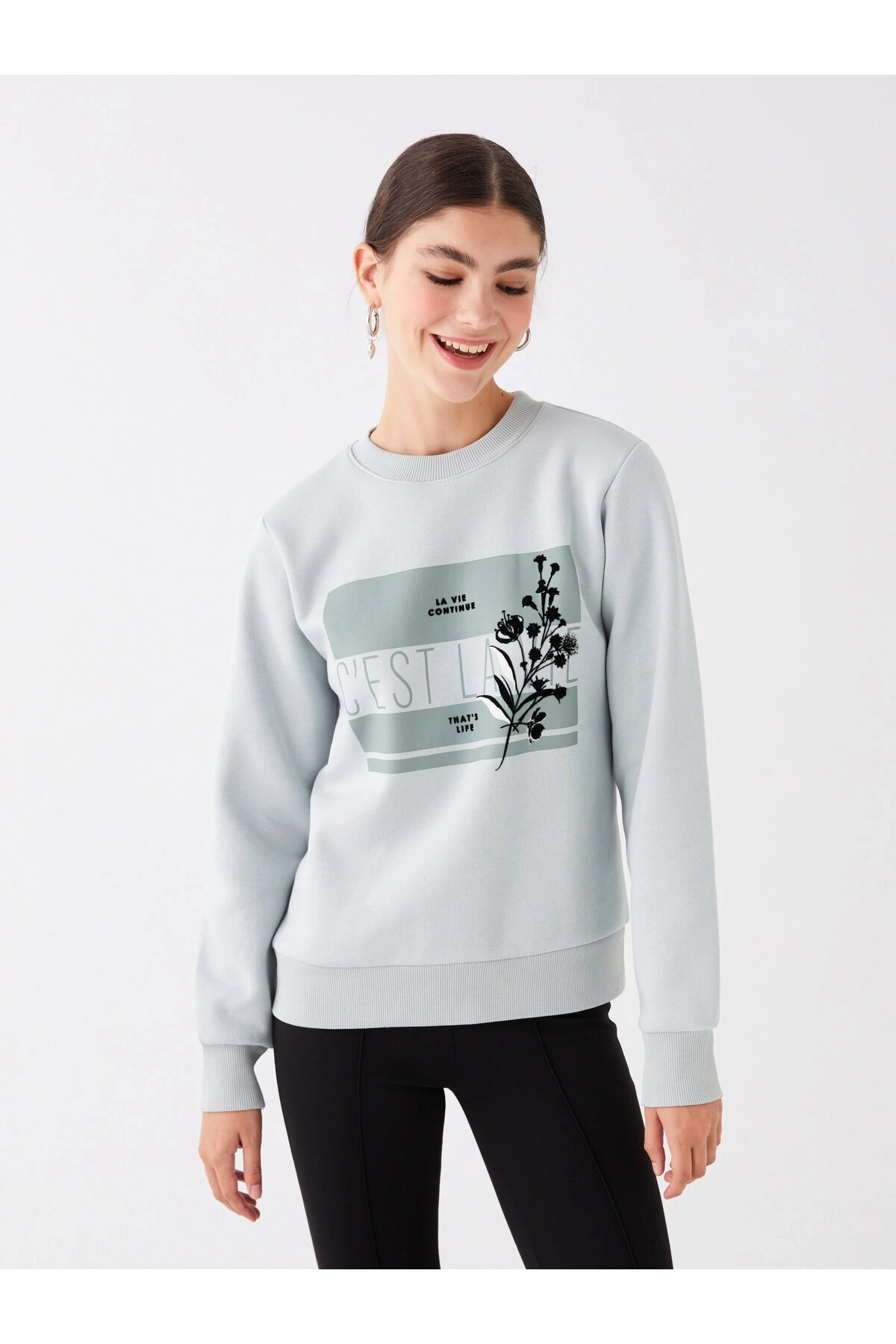 Bisiklet Yaka Baskılı Uzun Kollu Kadın Sweatshirt