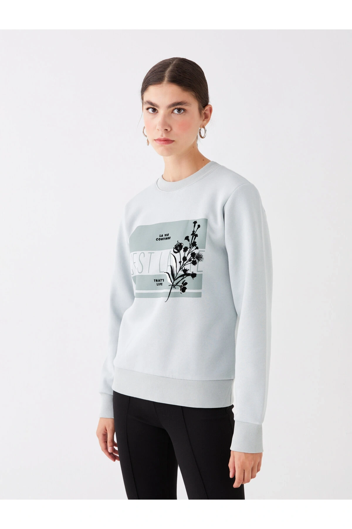 Bisiklet Yaka Baskılı Uzun Kollu Kadın Sweatshirt