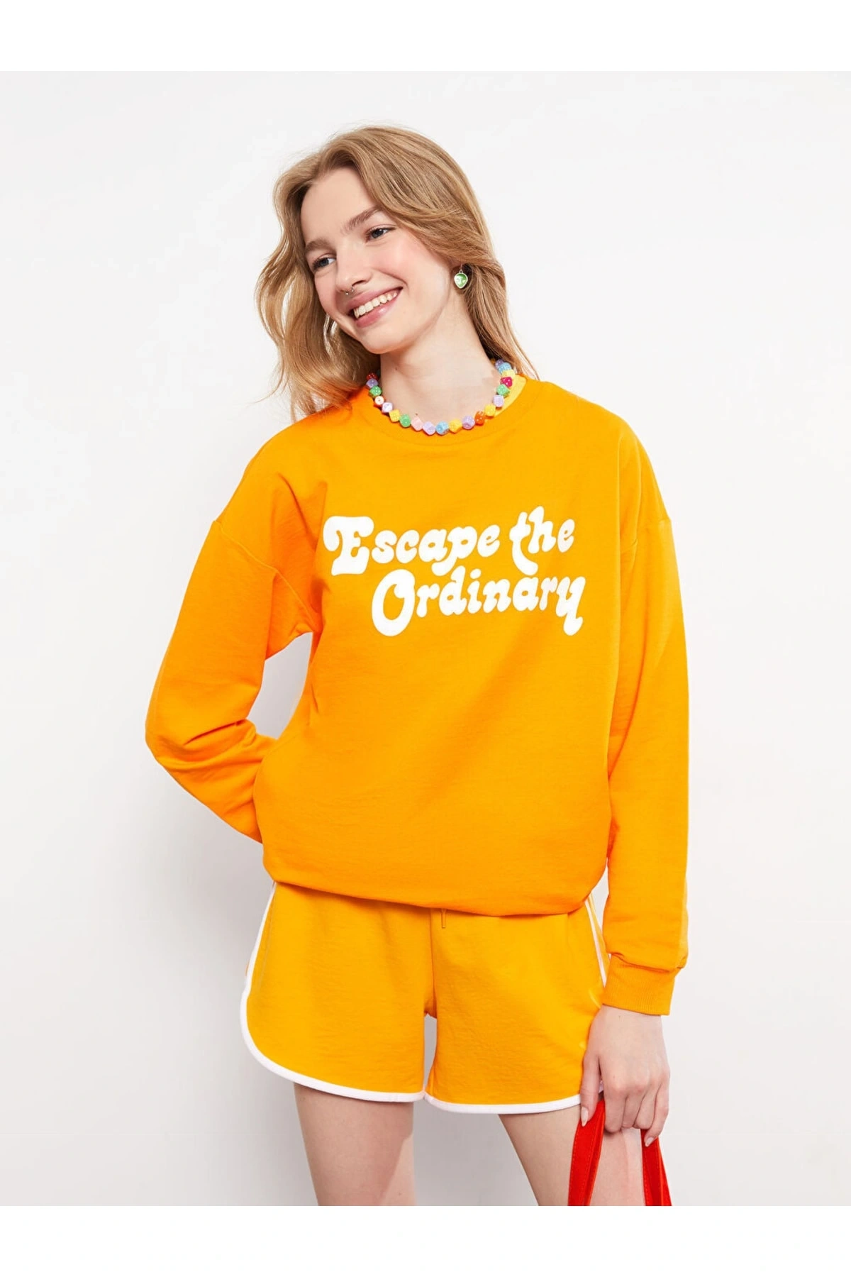 Bisiklet Yaka Baskılı Uzun Kollu Kadın Sweatshirt