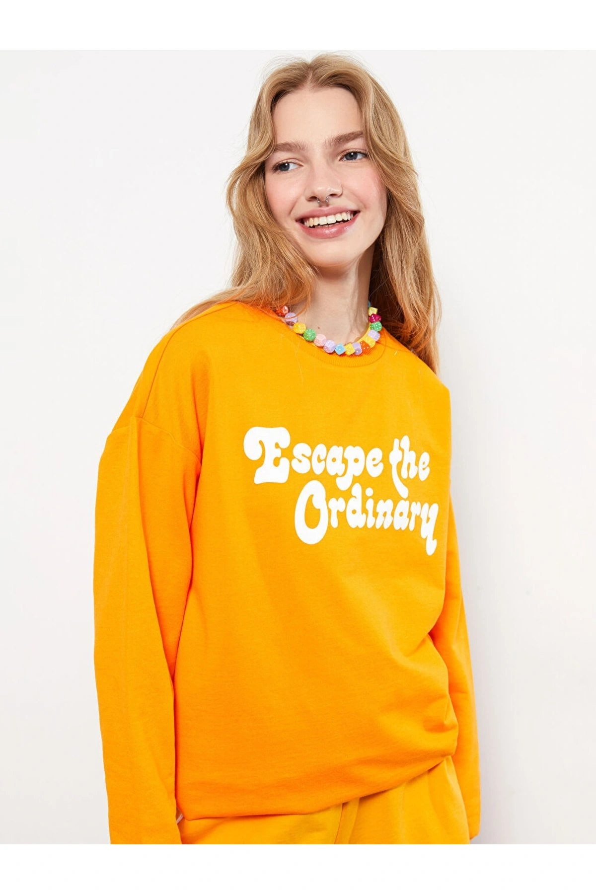 Bisiklet Yaka Baskılı Uzun Kollu Kadın Sweatshirt