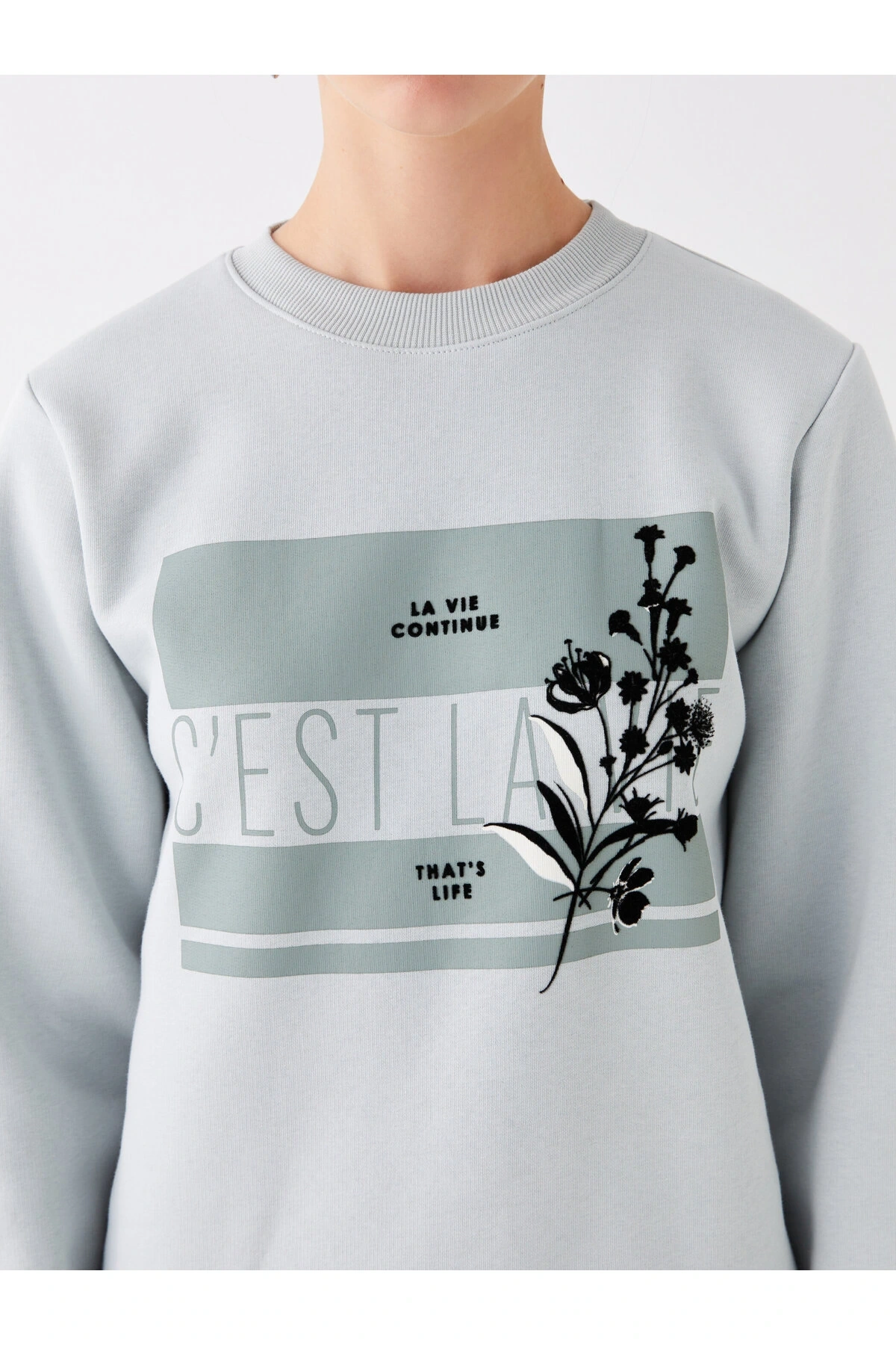 Bisiklet Yaka Baskılı Uzun Kollu Kadın Sweatshirt