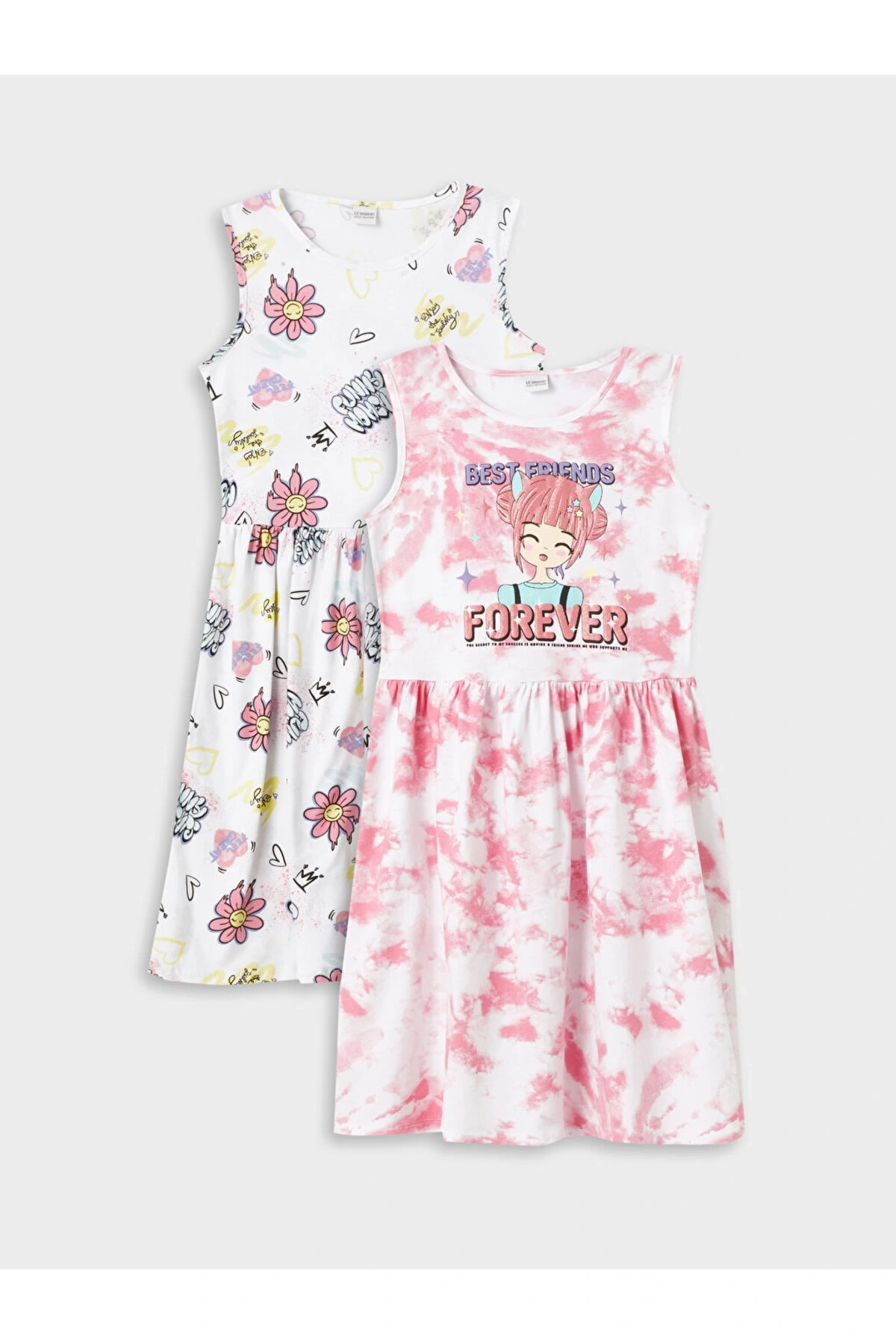 LCW Kids Bisiklet Yaka Desenli Kız Çocuk Elbise 2li