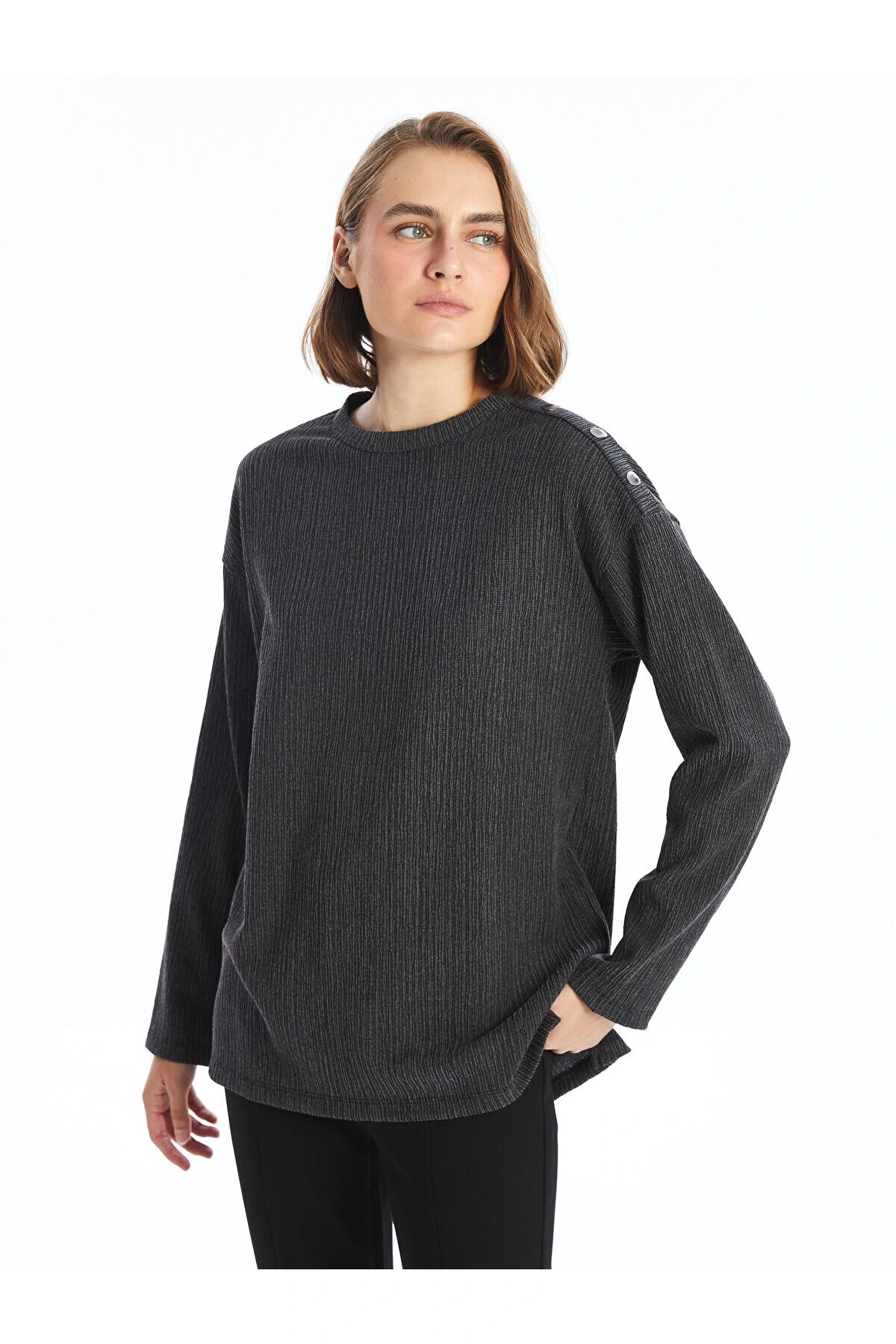 Bisiklet Yaka Düz Uzun Kollu Oversize Kadın Bluz