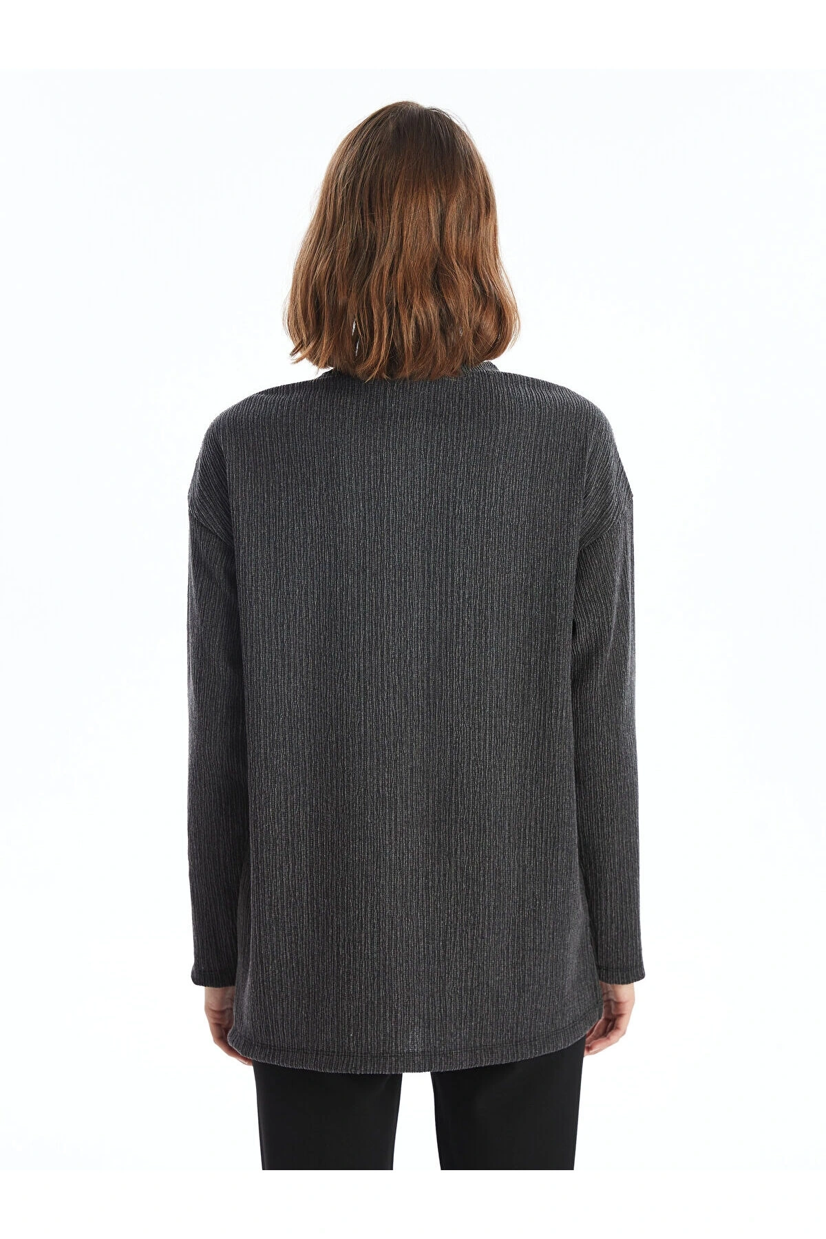 Bisiklet Yaka Düz Uzun Kollu Oversize Kadın Bluz