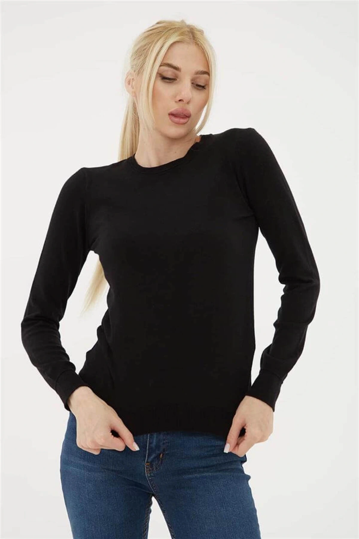 Bisiklet Yaka Kazak Siyah