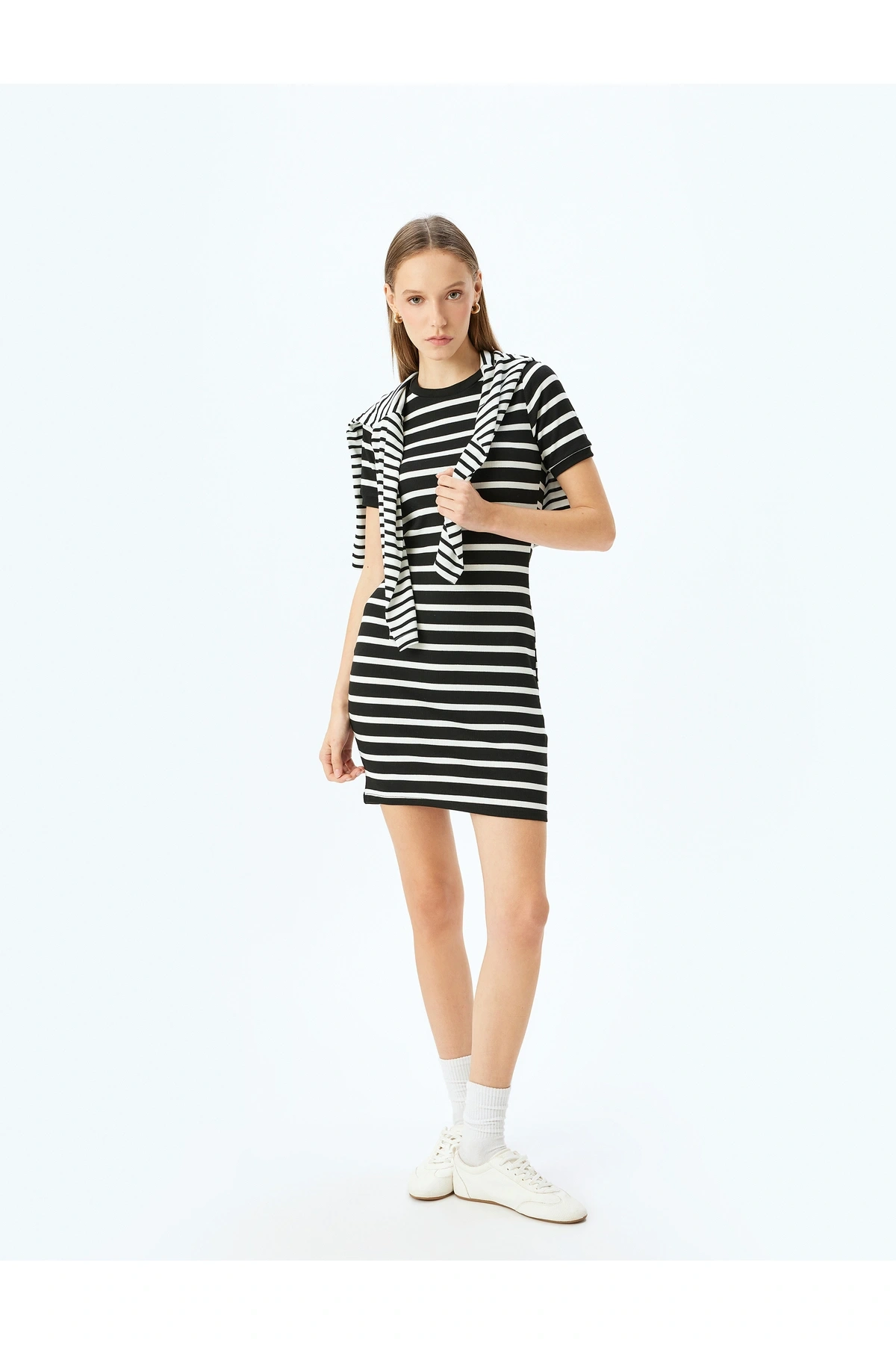 Bisiklet Yaka Kısa Kollu Fitilli Mini Bodycon Elbise