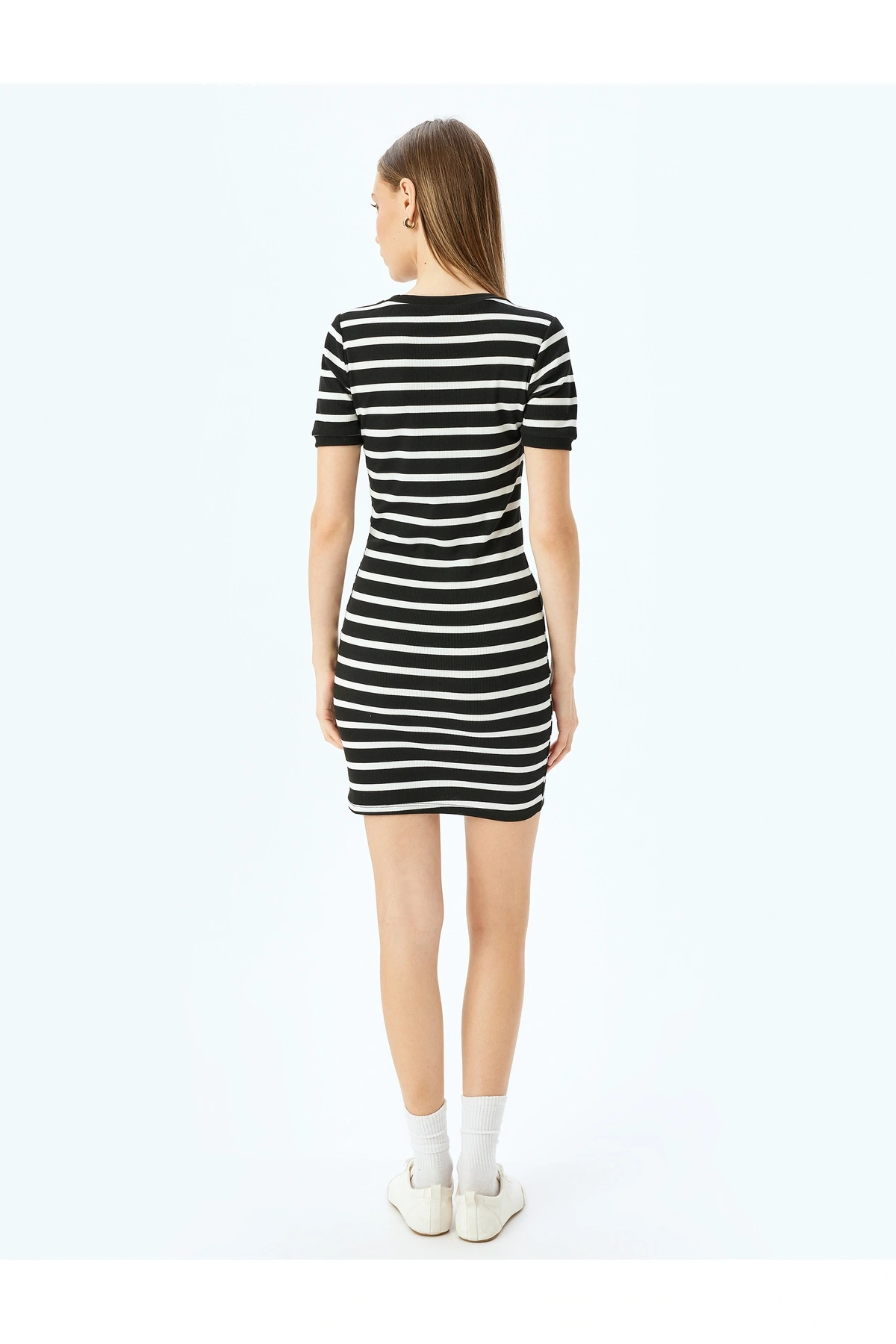 Bisiklet Yaka Kısa Kollu Fitilli Mini Bodycon Elbise