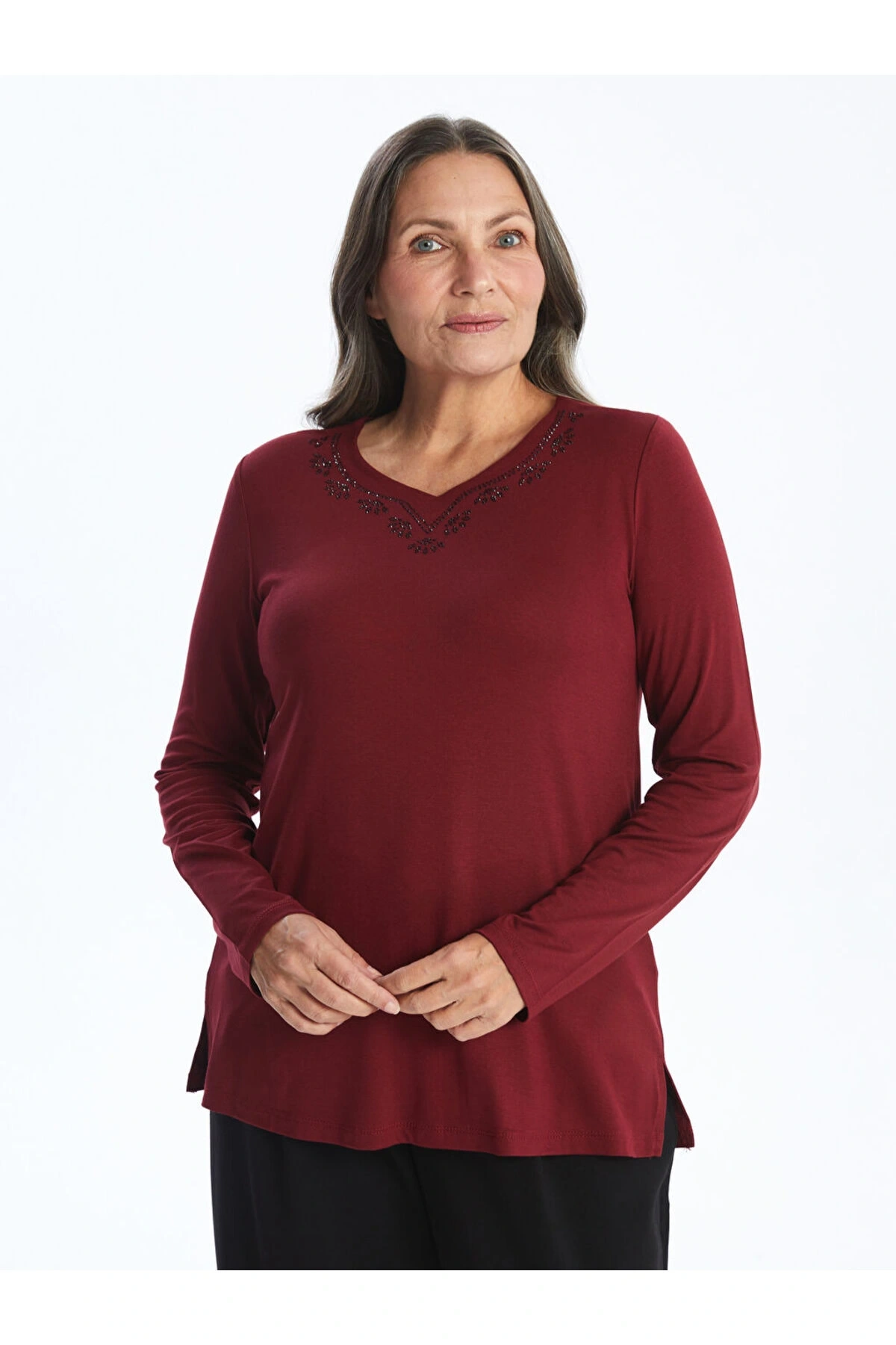 Bisiklet Yaka Parlak Taş Baskılı Kadın Bluz