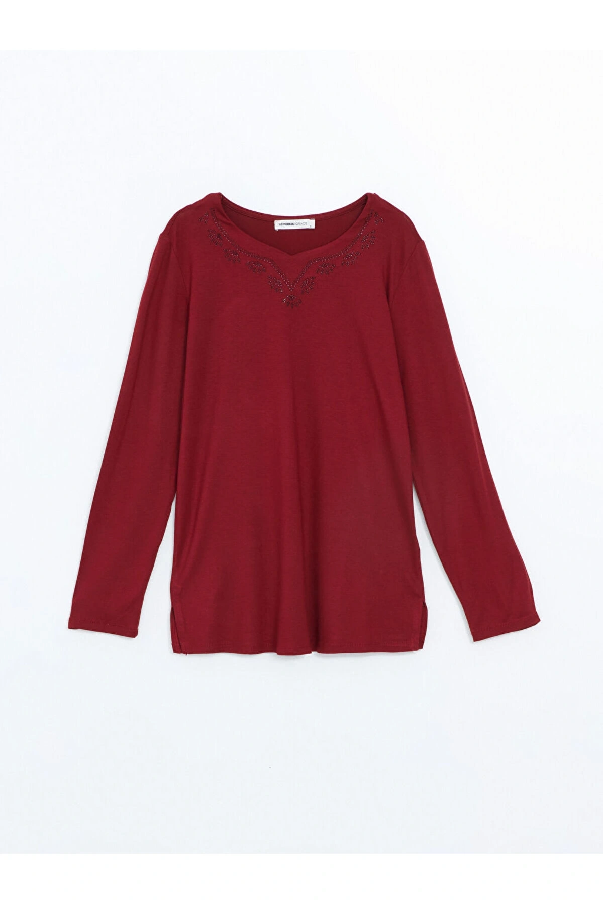 Bisiklet Yaka Parlak Taş Baskılı Kadın Bluz