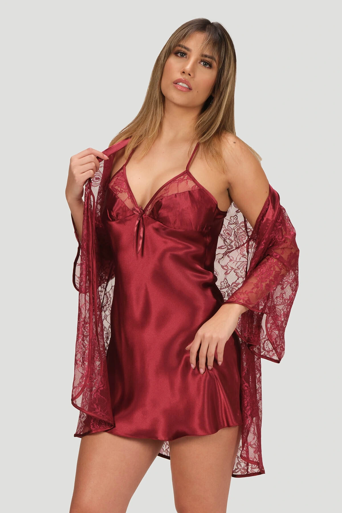 Vizon Dantelli Saten Gecelik Sabahlık Takımı