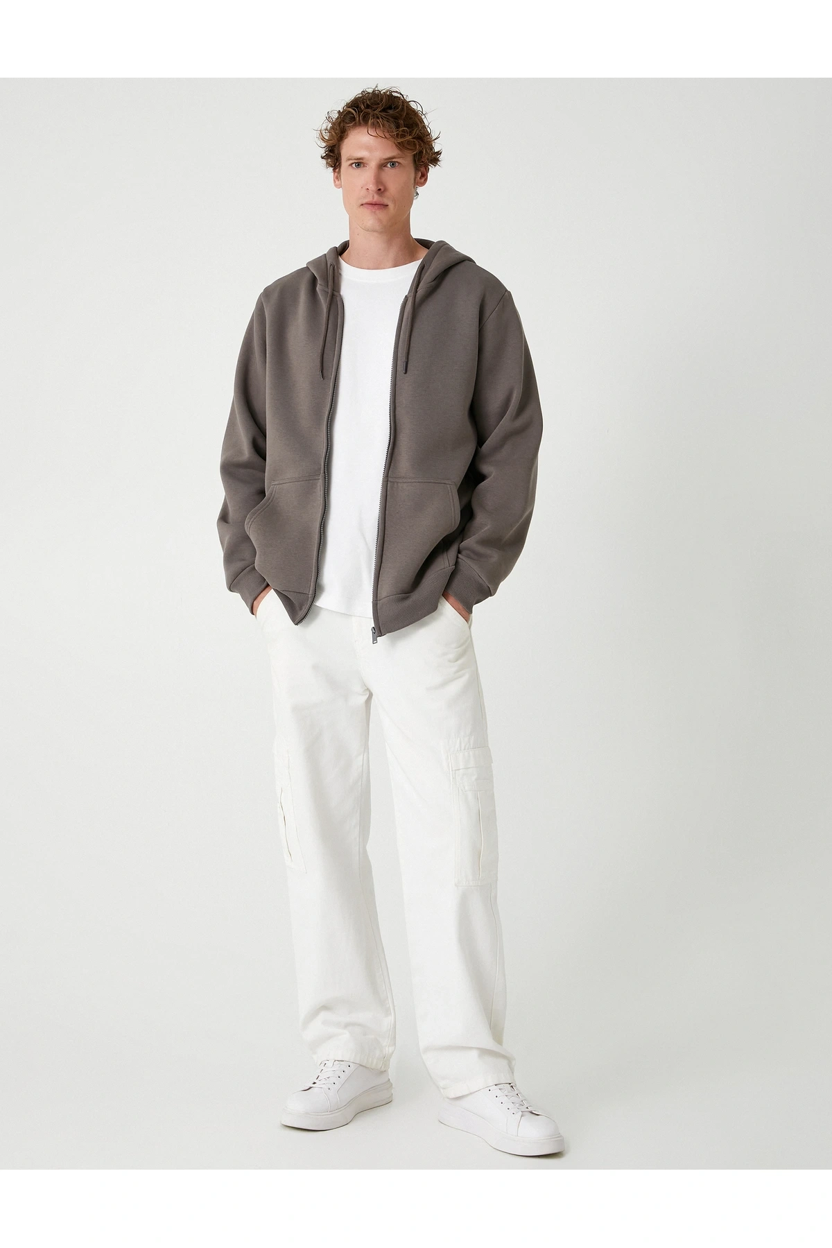 Cep Detaylı Şardonlu Fermuarlı Pamuklu Basic Kapşonlu Sweatshirt