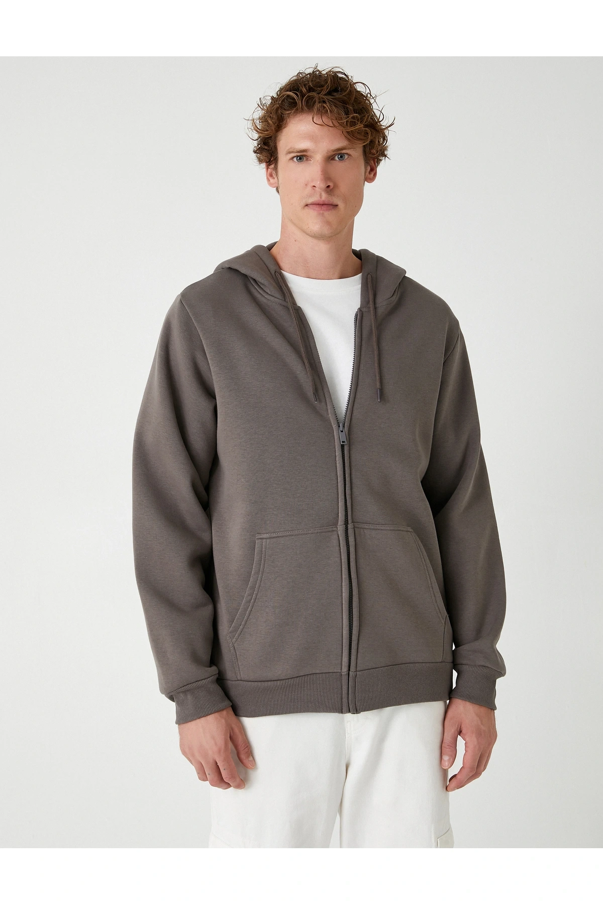 Cep Detaylı Şardonlu Fermuarlı Pamuklu Basic Kapşonlu Sweatshirt