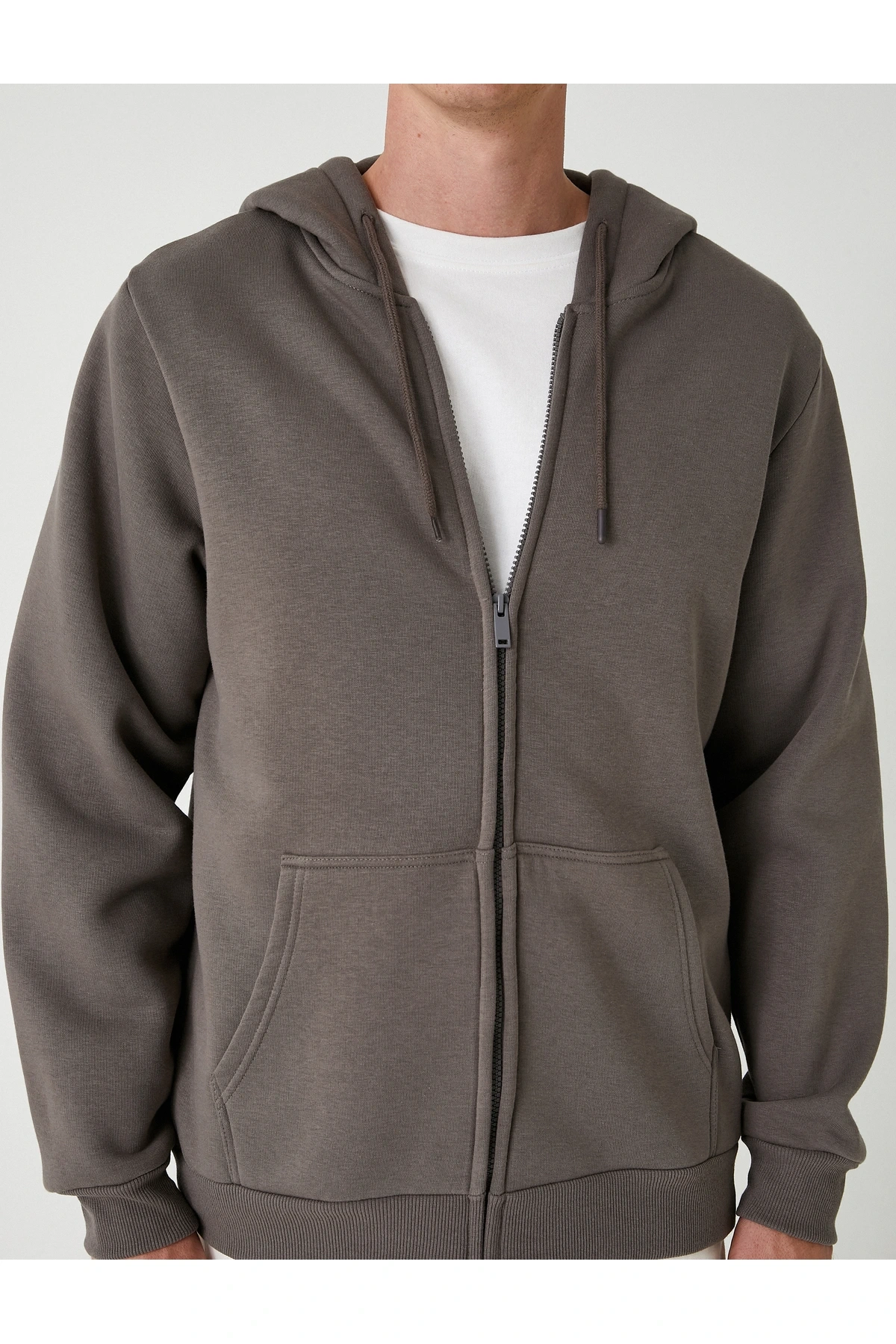 Cep Detaylı Şardonlu Fermuarlı Pamuklu Basic Kapşonlu Sweatshirt