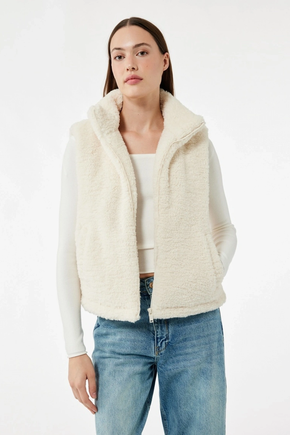 Cepli Dik Yaka Kolsuz Fermuarlı Crop Peluş Yelek