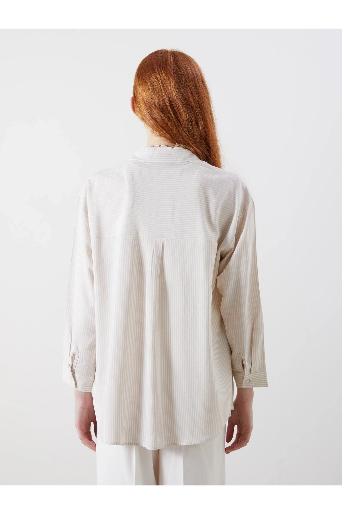 XSIDE Bej Çizgili Oversize Keten Karışımlı Kadın Gömlek