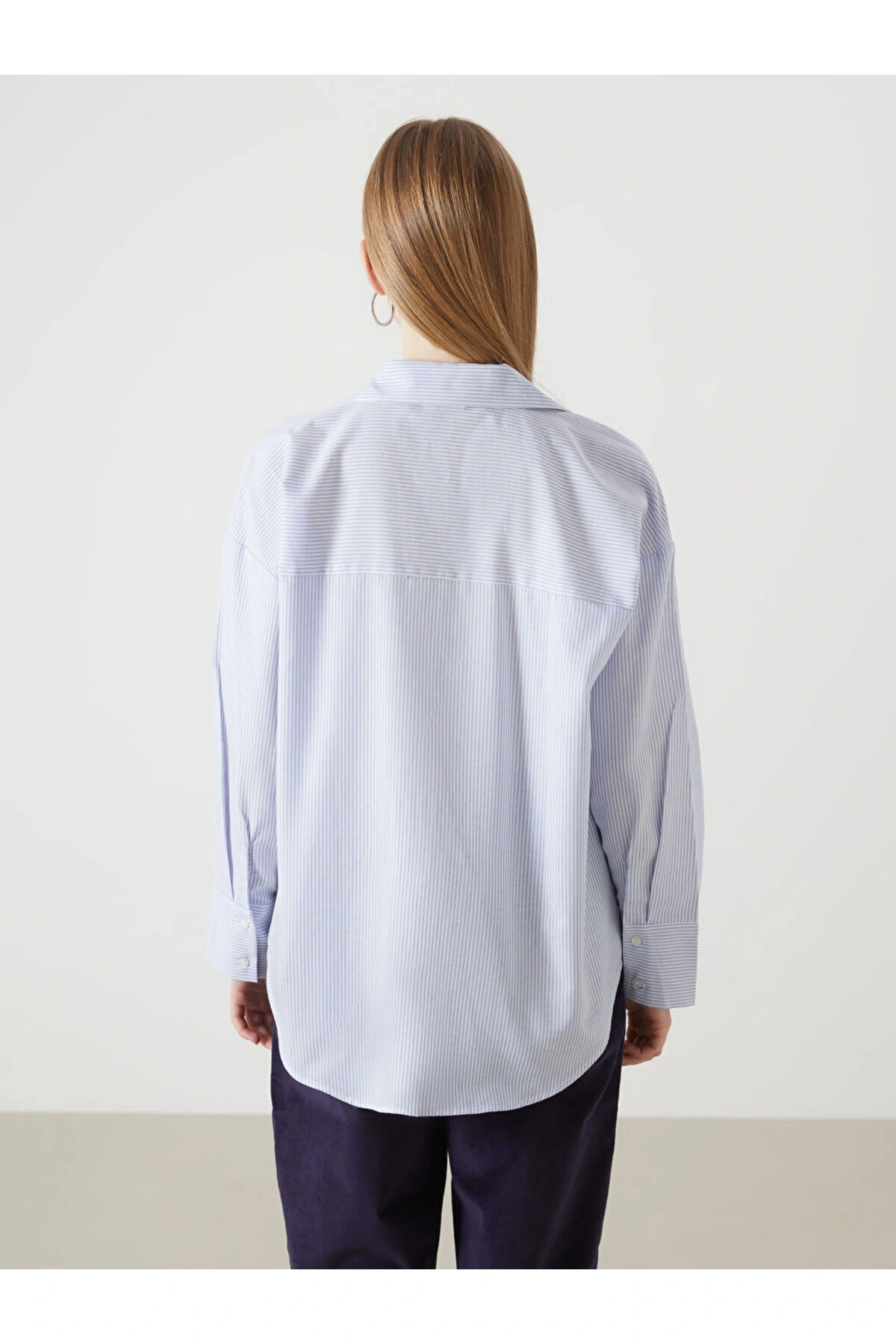 Cizgili Oversize Oxford Kadin Gomlek