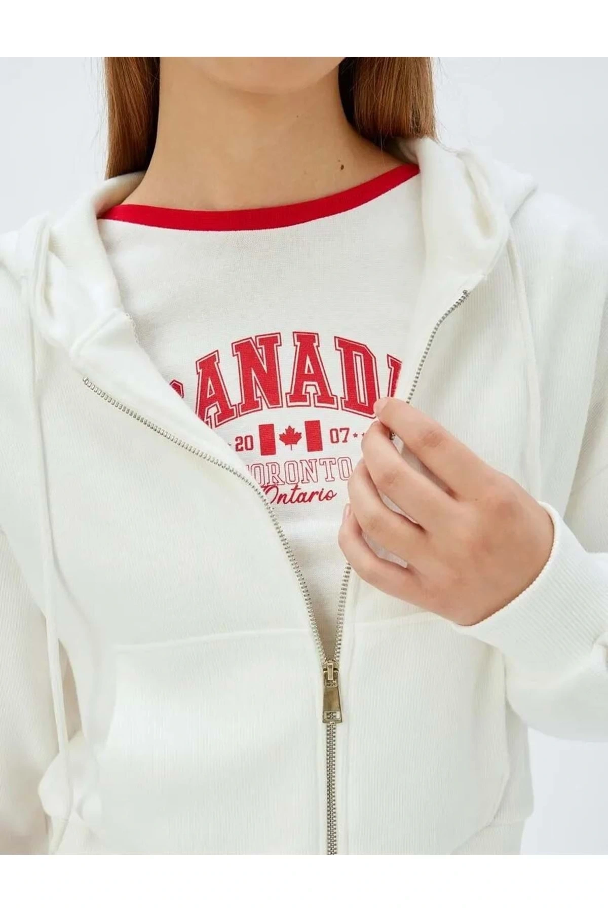 Crop Kapüşonlu Fermuarlı Sweatshirt 5WAK10056EK EKRU