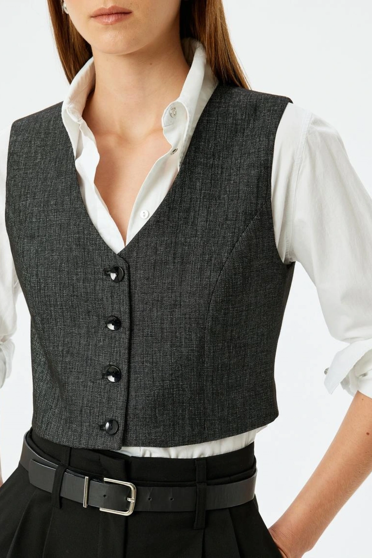 Düğmeli V Yaka Crop Yelek