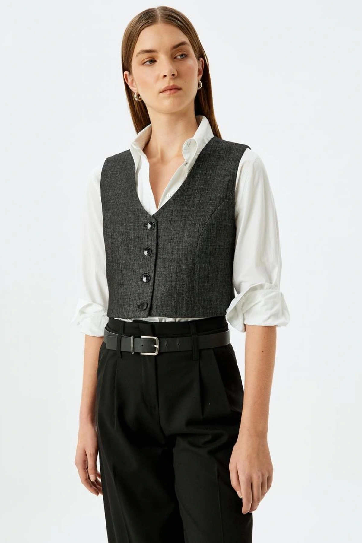 Düğmeli V Yaka Crop Yelek