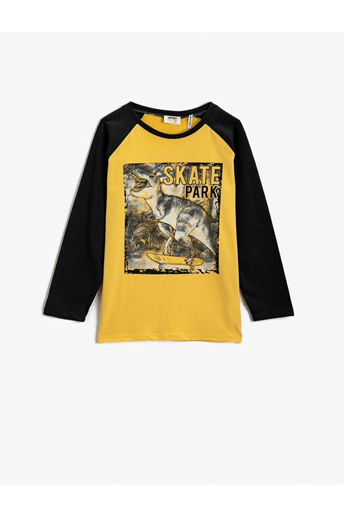 Erkek Çocuk Hardal Dinazor Baskılı T-Shirt Bisiklet Yaka Pamuklu