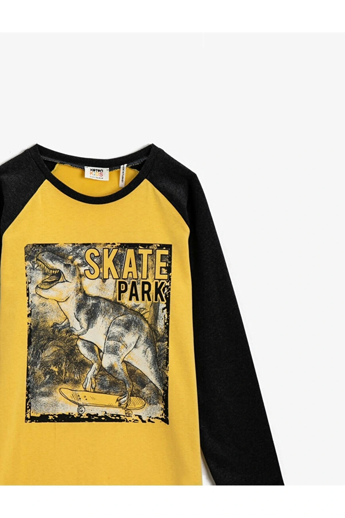 Erkek Çocuk Hardal Dinazor Baskılı T-Shirt Bisiklet Yaka Pamuklu