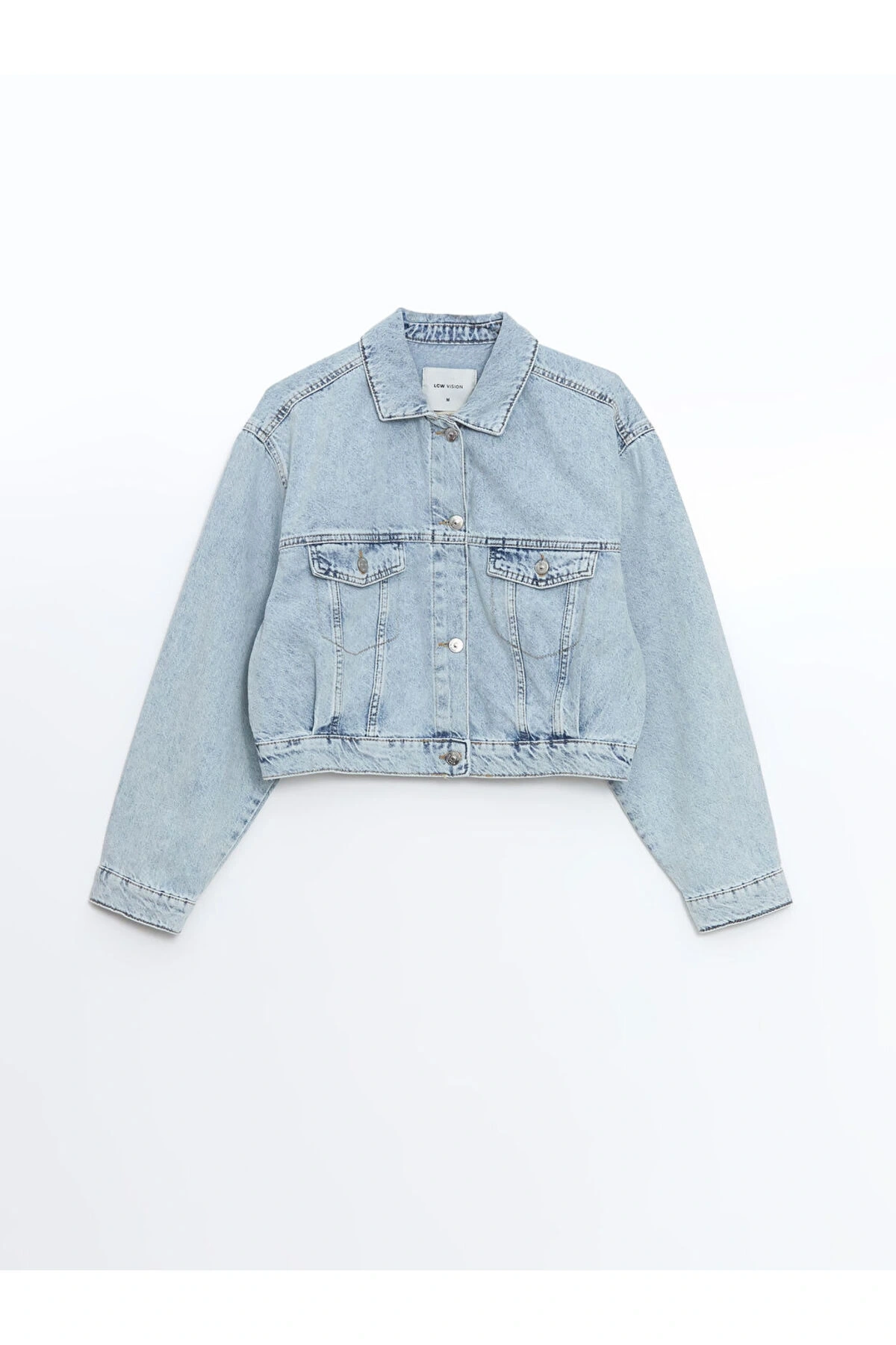 LCW Vision İndigo Gömlek Yaka Oversize Crop Kadın Jean Ceket