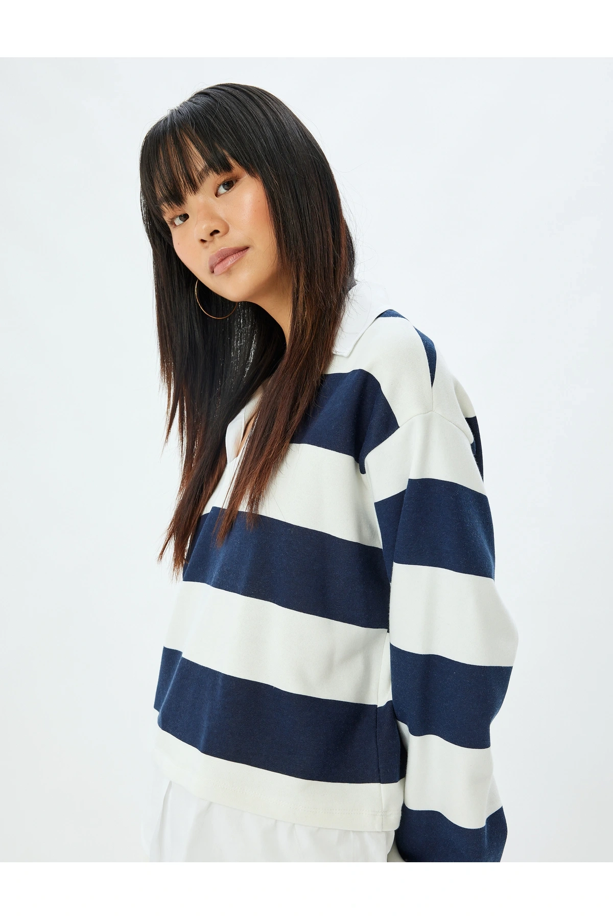 Gömlek Yaka Sweatshirt Oversize Renk Bloklu Şardonlu