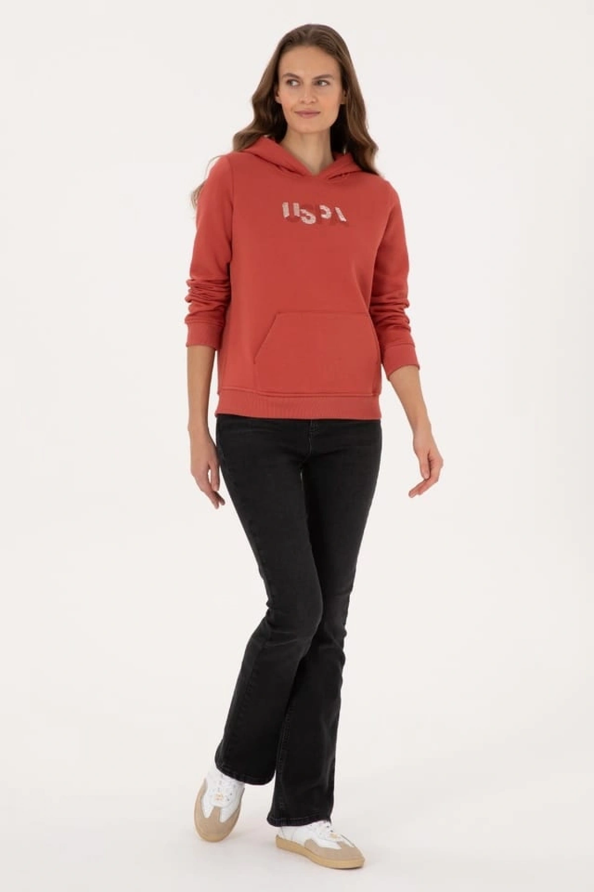 Kadın Kiremit Kapüşonlu Basic Sweatshirt