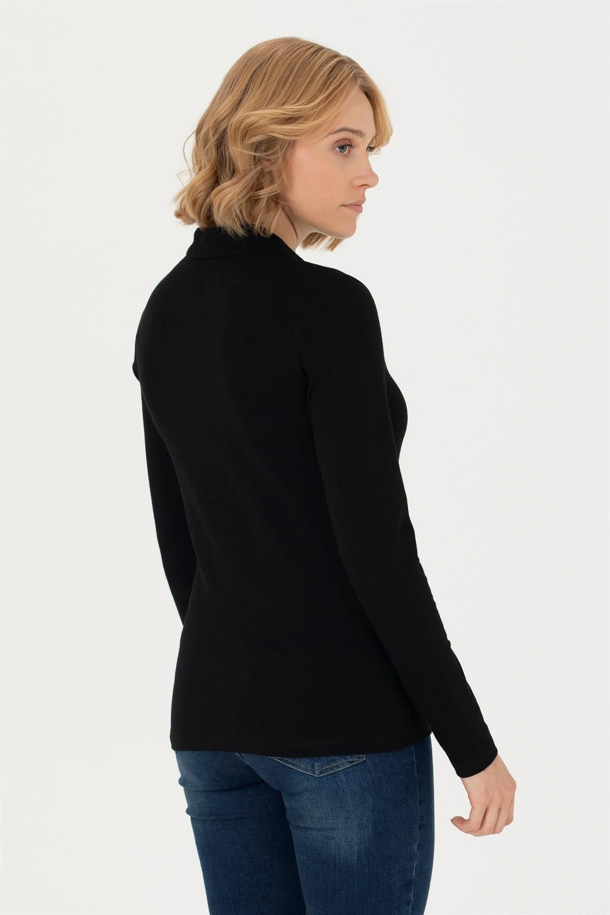 Kadın Siyah Basic Polo Yaka Sweatshirt 1675677