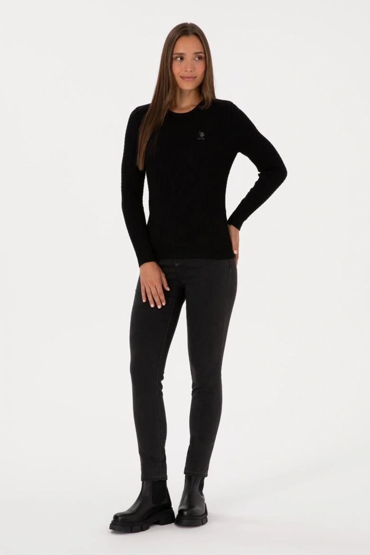 Kadın Siyah Bisiklet Yaka Basic Kazak