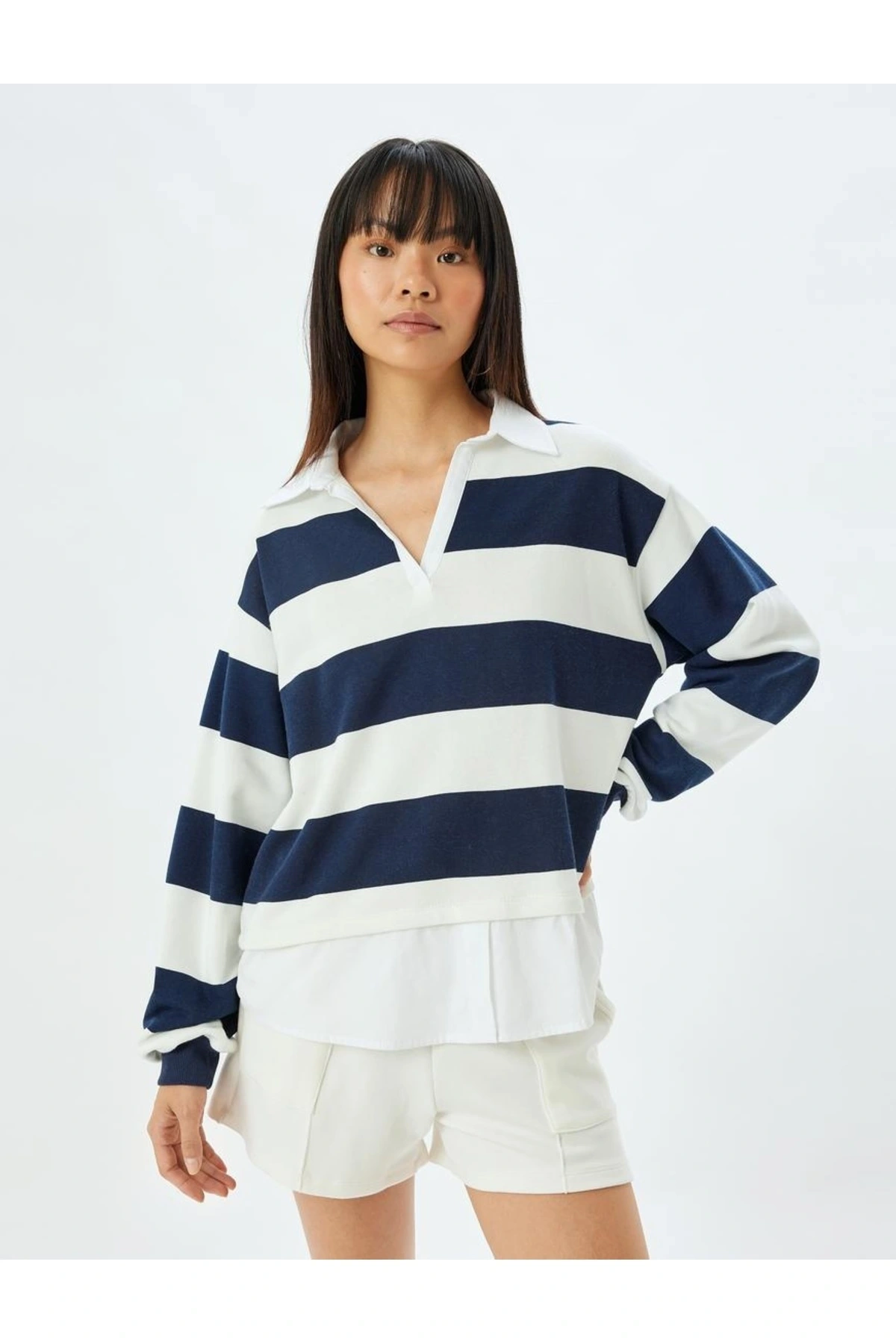 Kadın Sweat 5wal10446ık Lacivert Çizgili