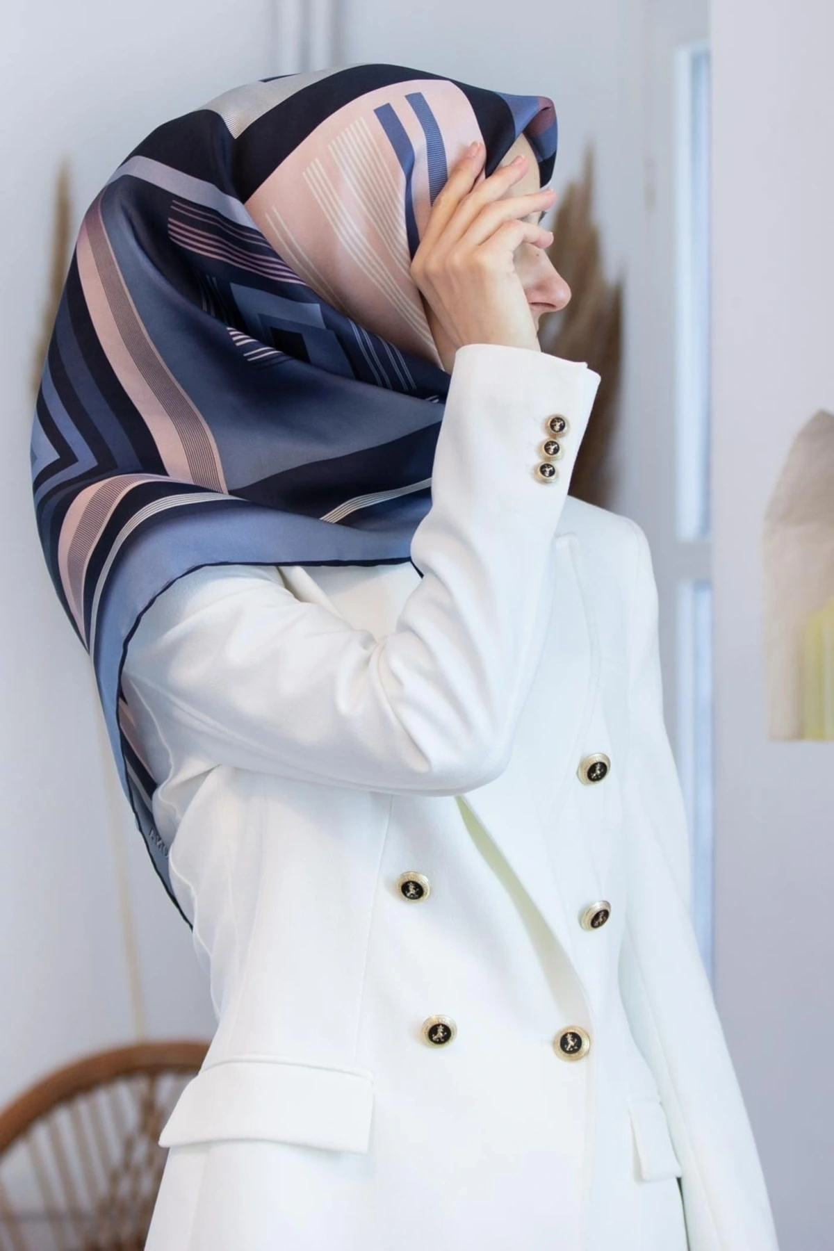 Kadın Twill Ipek Eşarp Indigo - Pudra