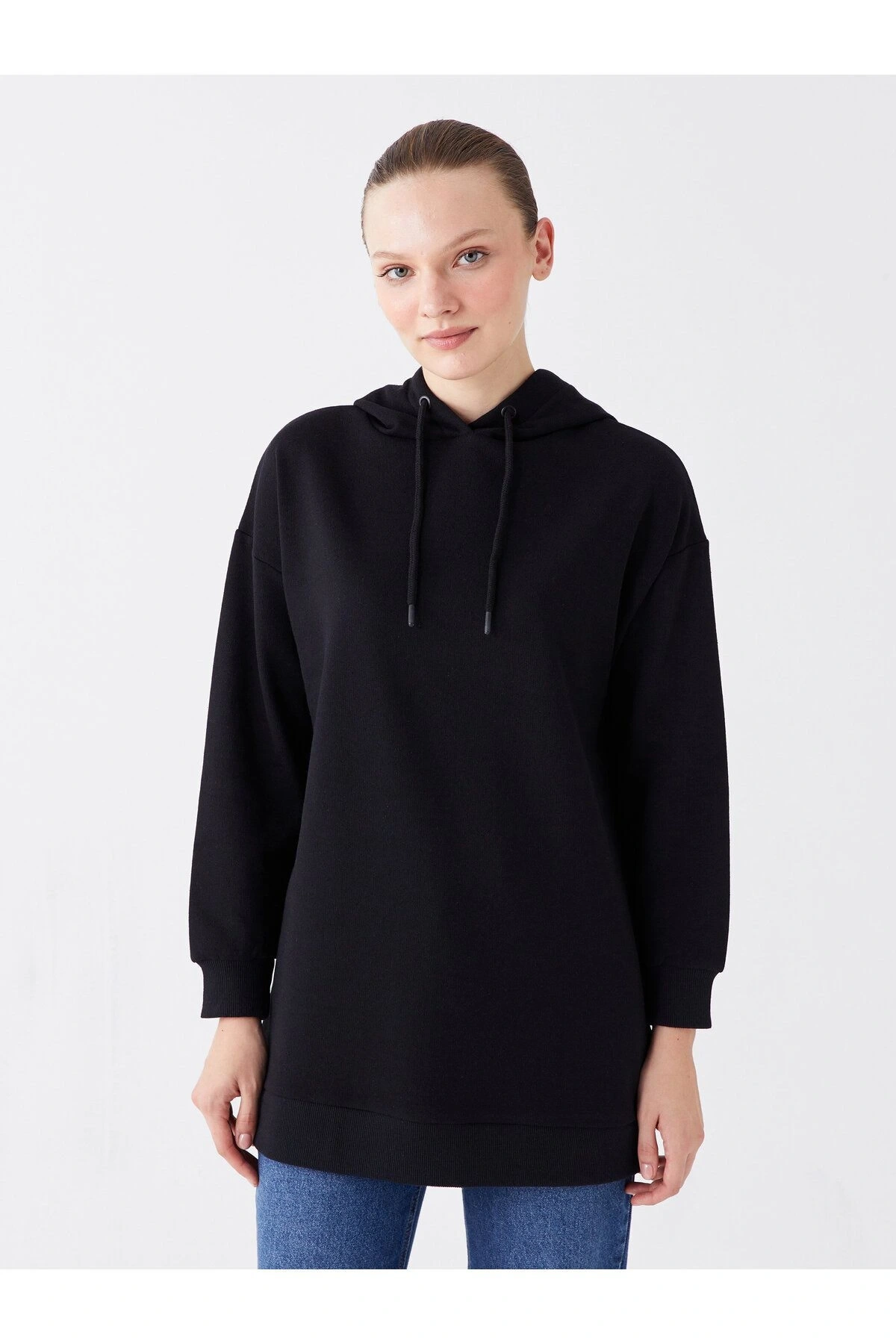 Kapüşonlu Düz Uzun Kollu Kadın Sweatshirt Tunik