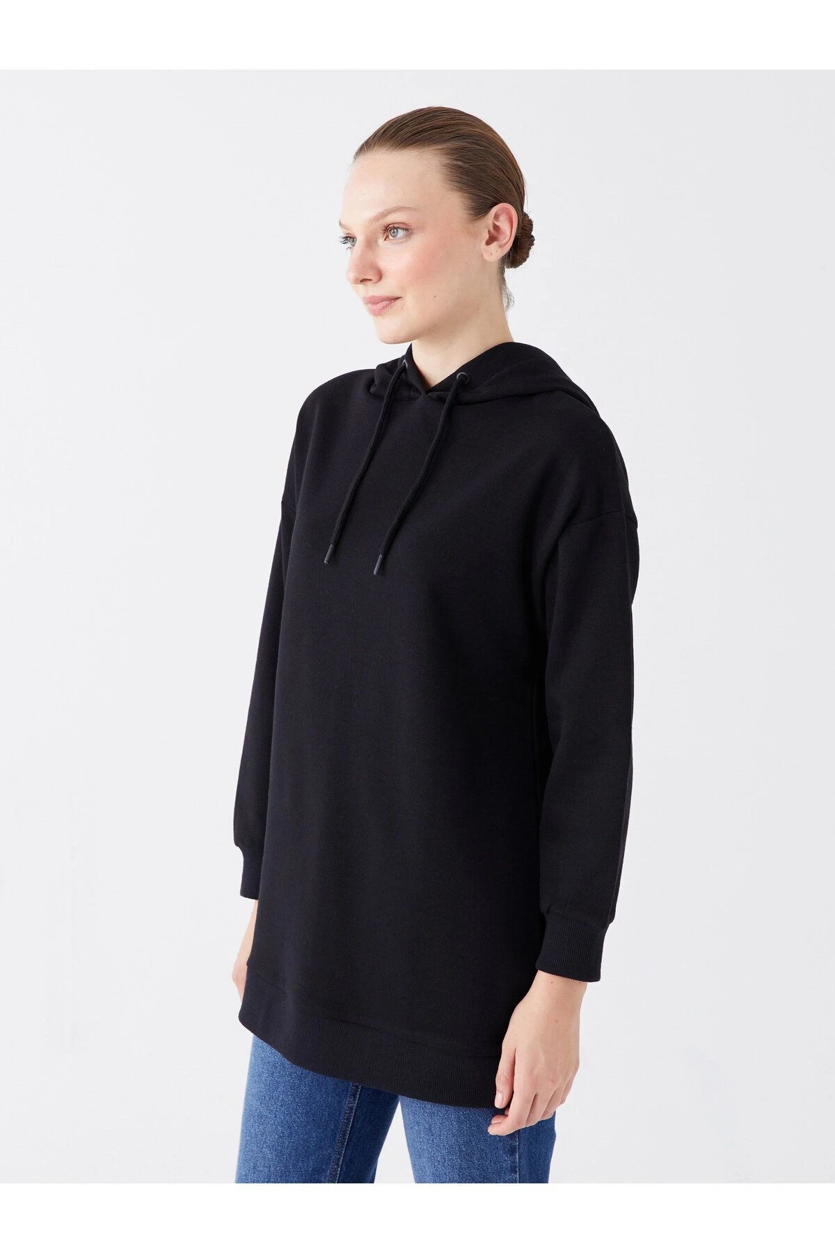 Kapüşonlu Düz Uzun Kollu Kadın Sweatshirt Tunik