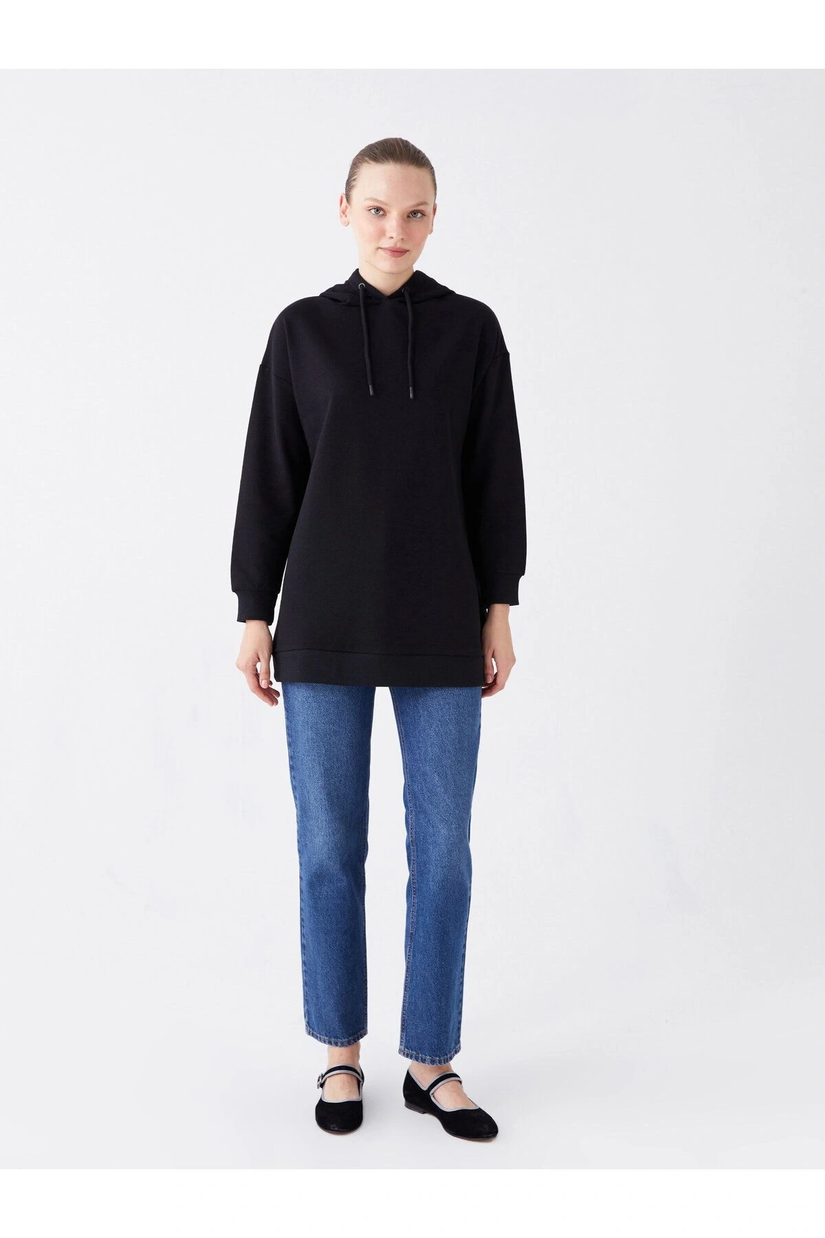 Kapüşonlu Düz Uzun Kollu Kadın Sweatshirt Tunik