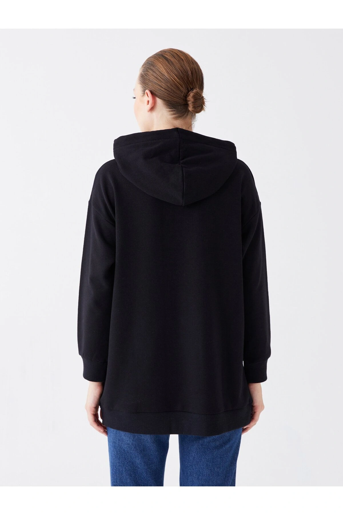 Kapüşonlu Düz Uzun Kollu Kadın Sweatshirt Tunik