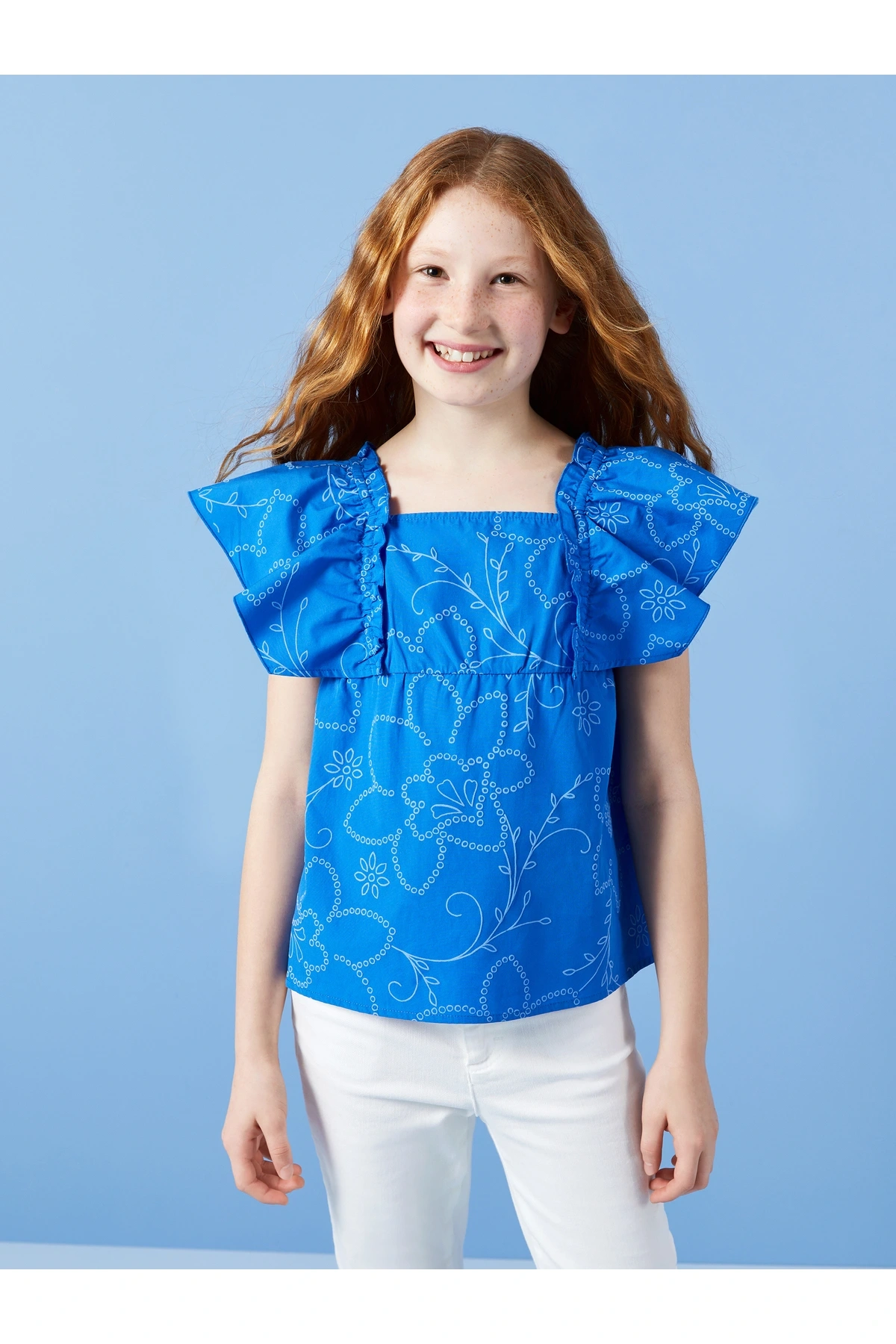 Kare Yaka Çiçekli Kız Çocuk Bluz