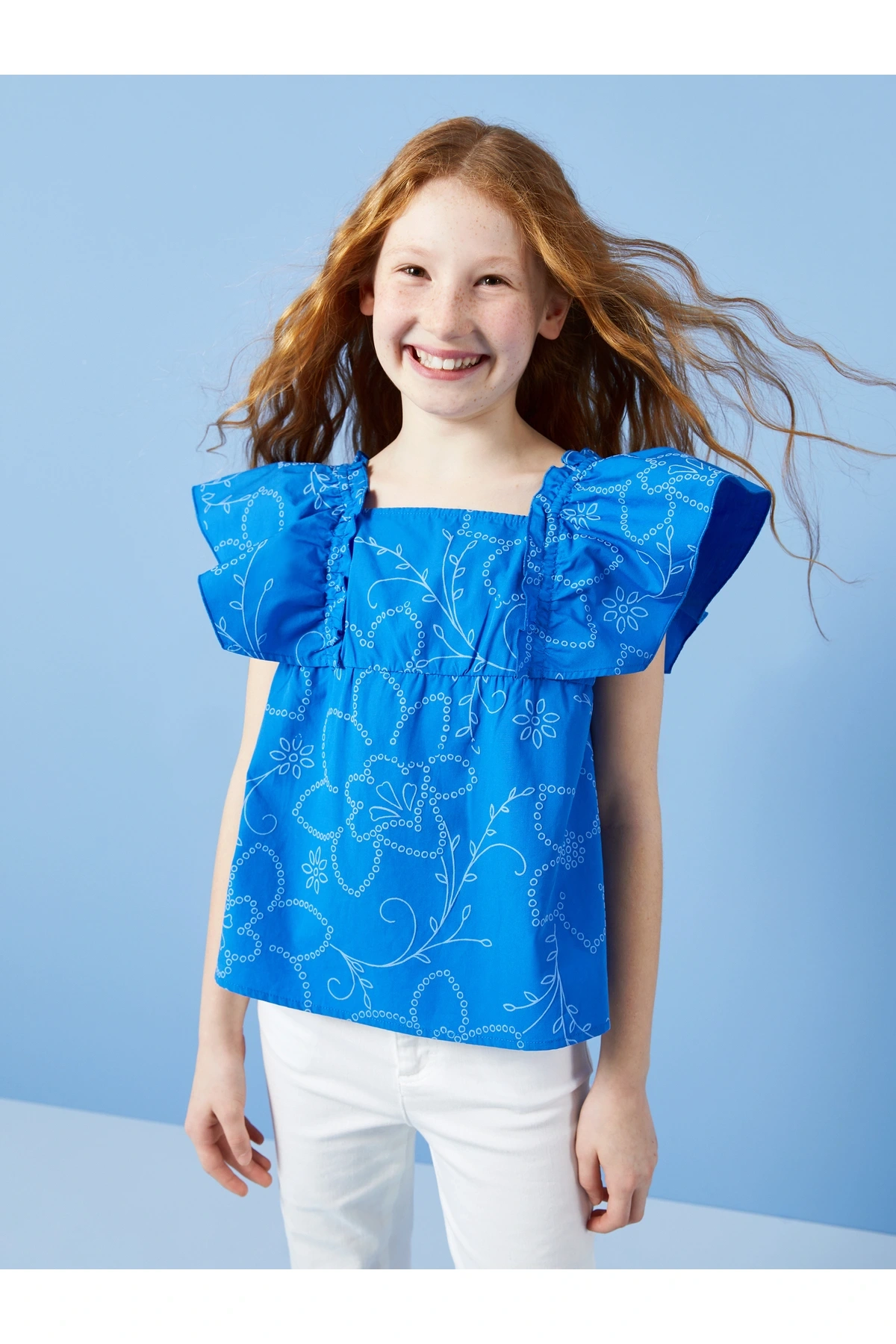 Kare Yaka Çiçekli Kız Çocuk Bluz