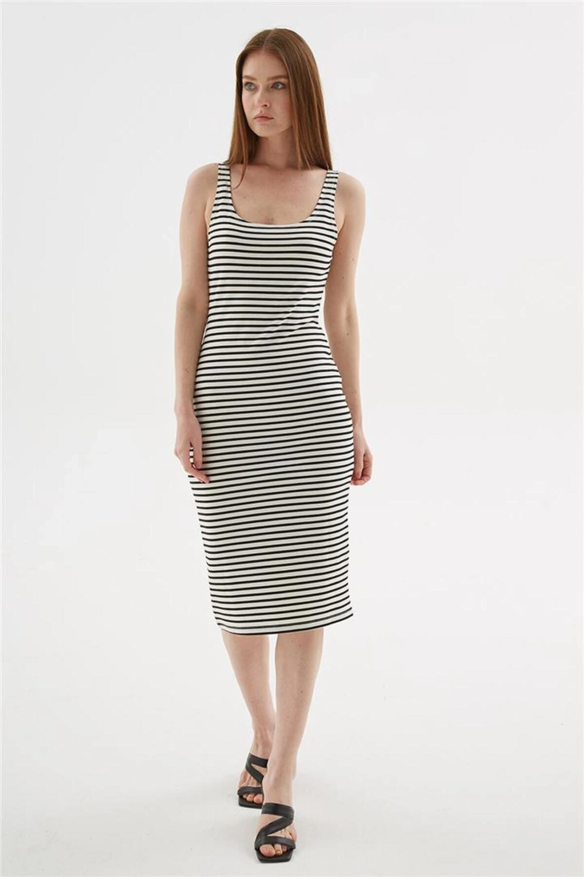 Kare Yaka Midi Elbise Ekru Çizgili