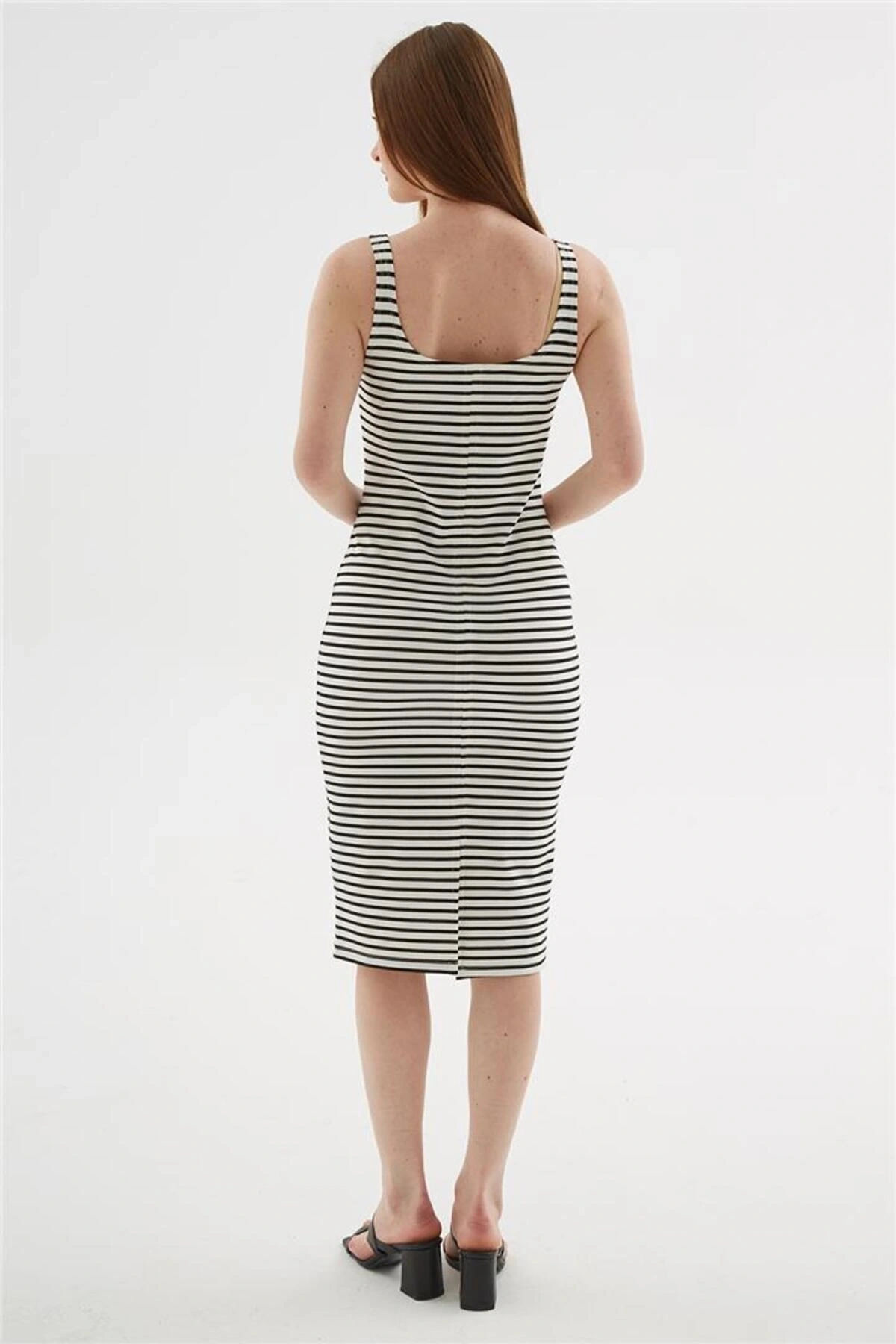 Kare Yaka Midi Elbise Ekru Çizgili