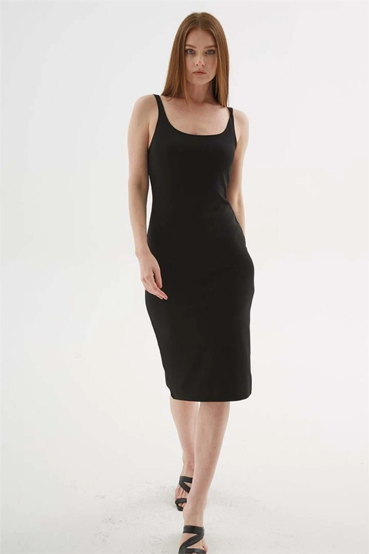 Kare Yaka Midi Elbise Siyah