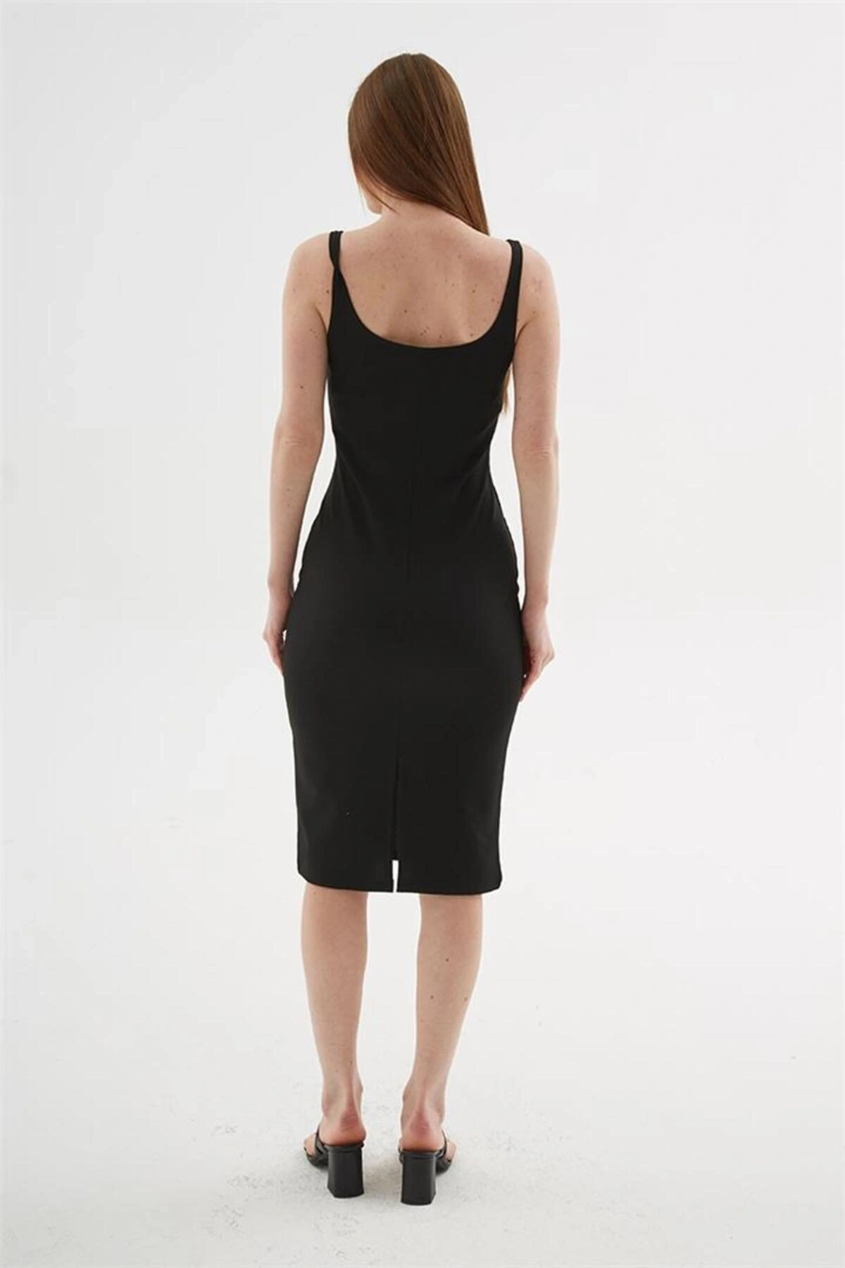 Kare Yaka Midi Elbise Siyah