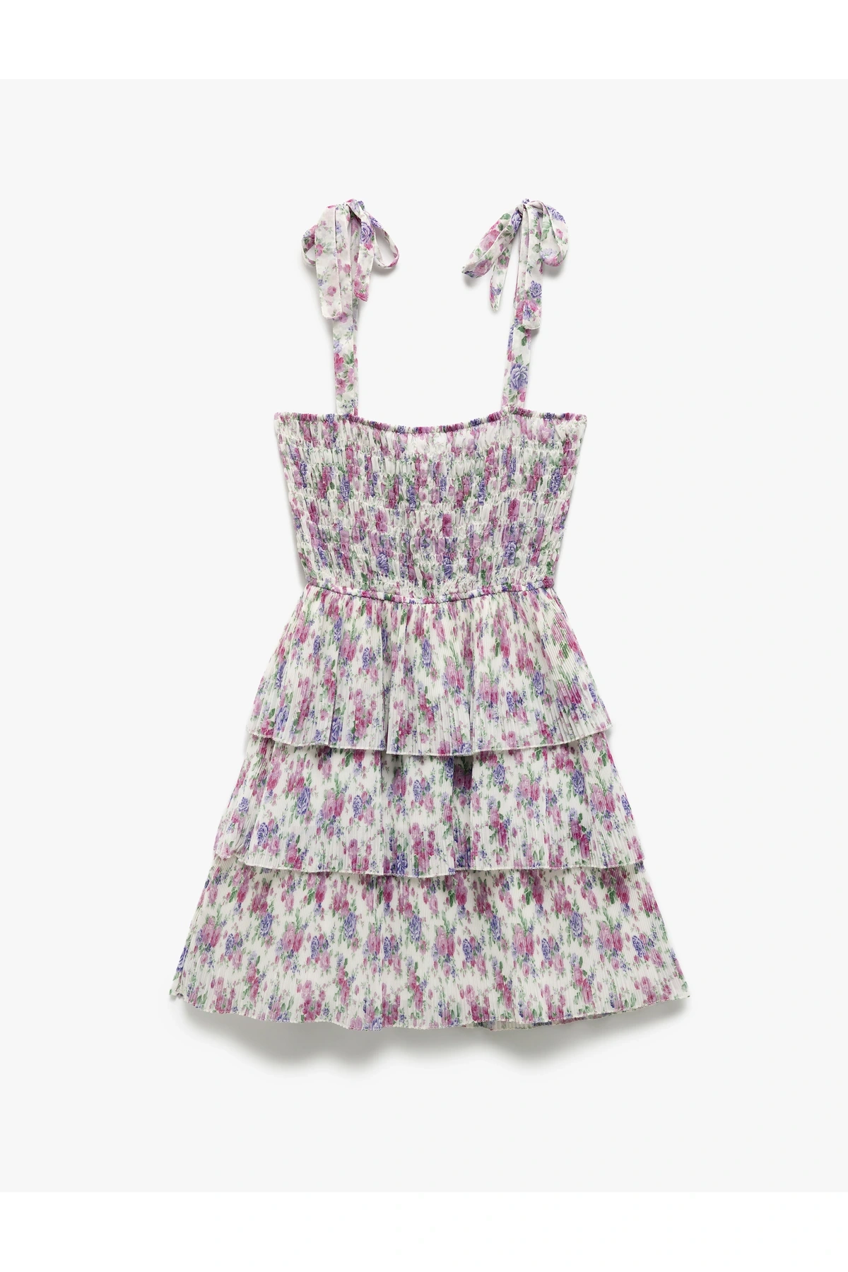 Katlı Volanlı Askılı Kare Yaka Çiçekli Viskon Mini Elbise