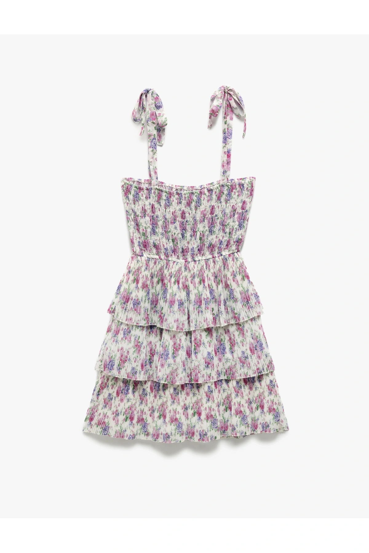 Katlı Volanlı Askılı Kare Yaka Çiçekli Viskon Mini Elbise