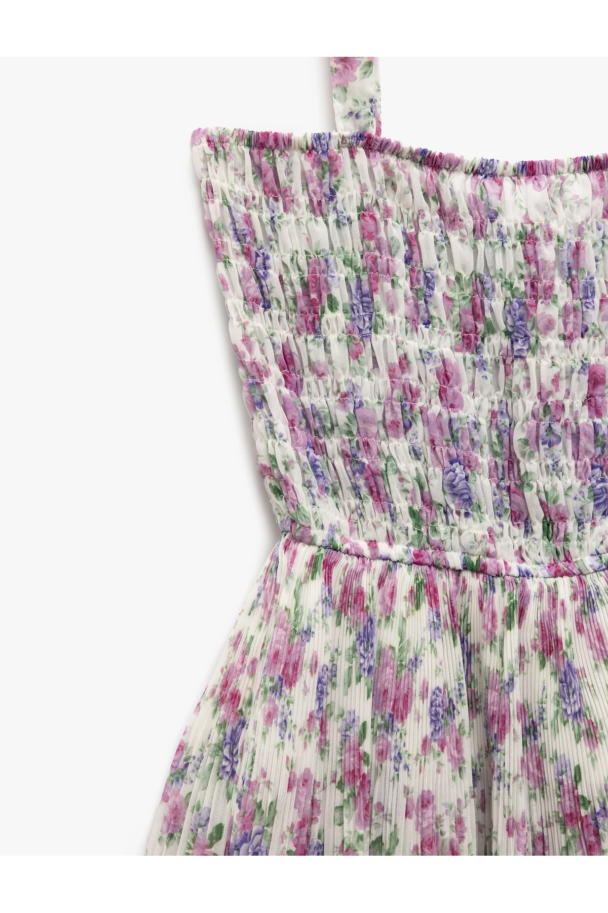 Katlı Volanlı Askılı Kare Yaka Çiçekli Viskon Mini Elbise