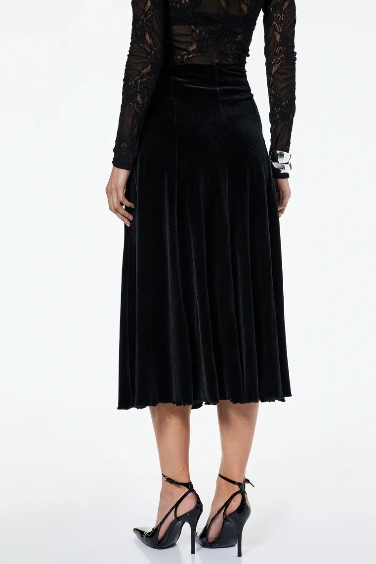 Kloş Kesim Simli Midi Kadife Etek