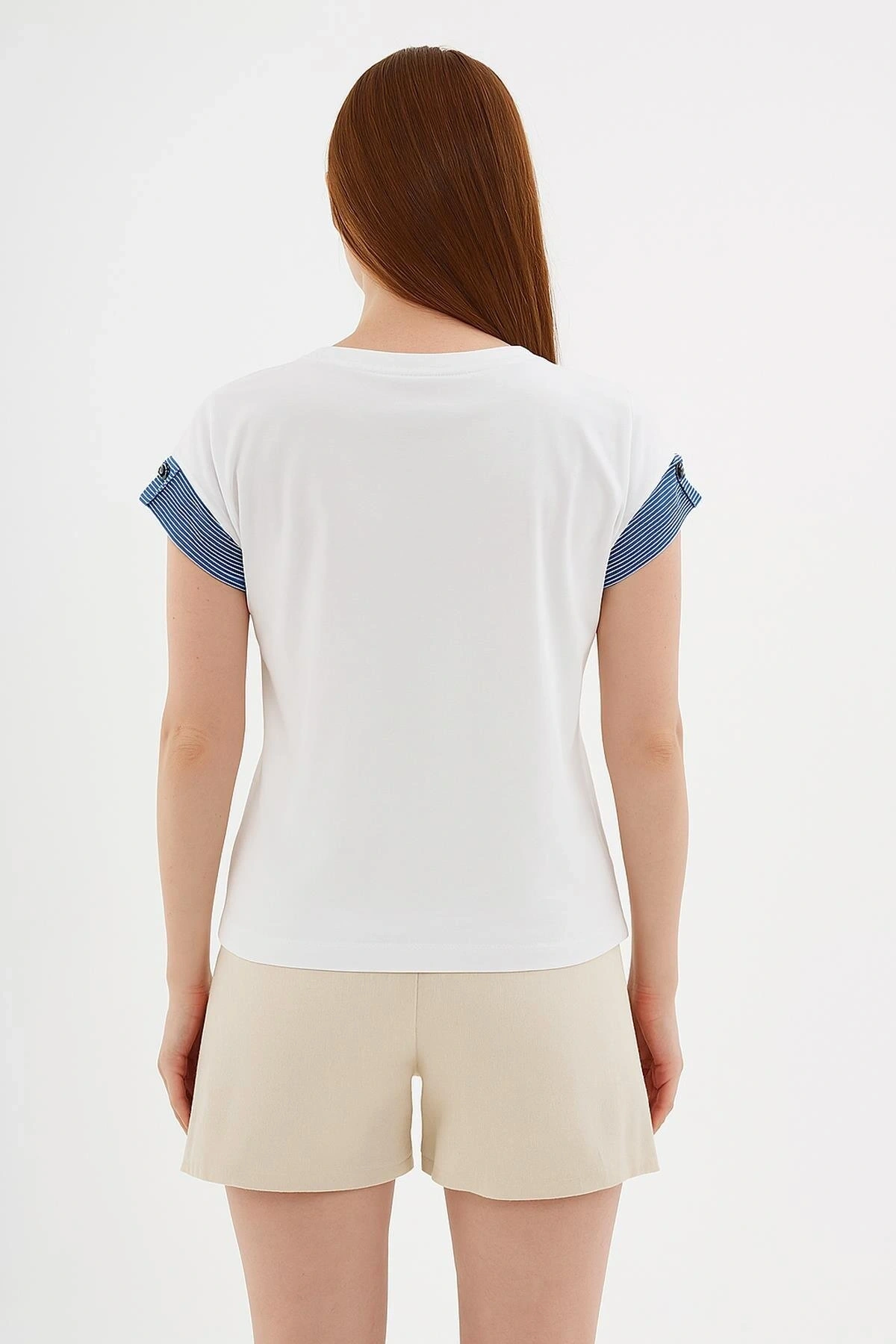 Kolları Garnili %100 pamuklu Bluz Beyaz