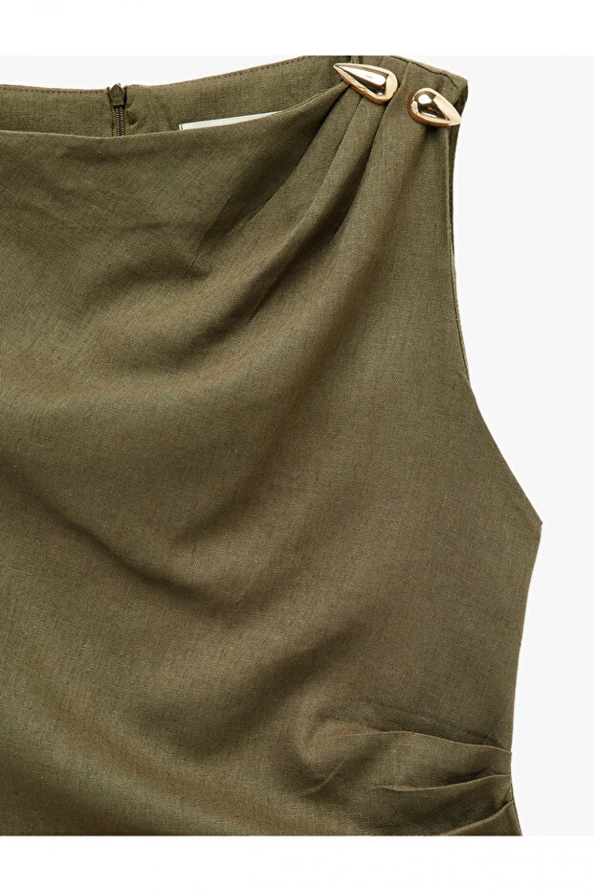 Koton Keten Karışımlı Slim Fit Drapeli Yuvarlak Yaka Metal Aksesuarlı Kolsuz Mini Elbise