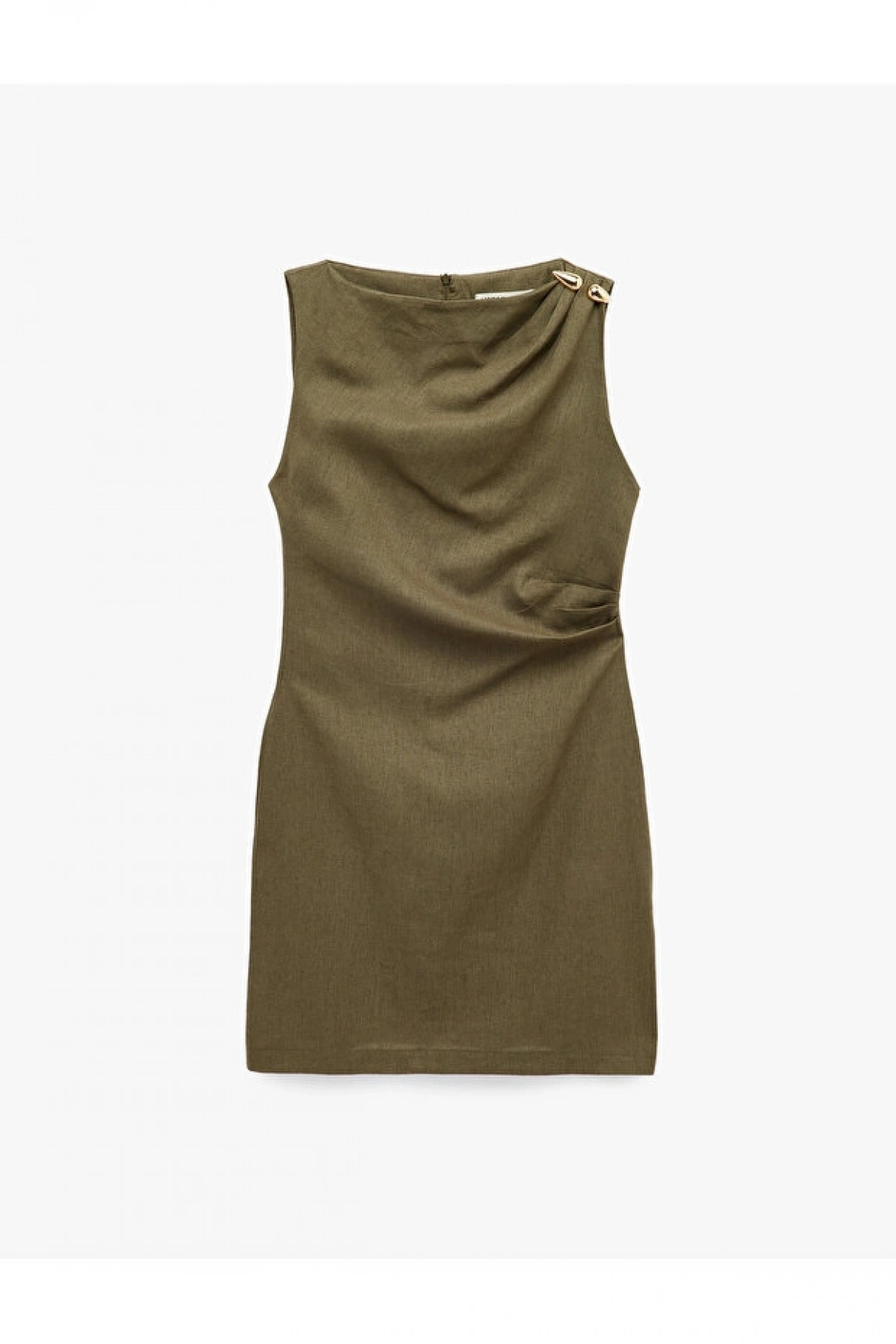 Koton Keten Karışımlı Slim Fit Drapeli Yuvarlak Yaka Metal Aksesuarlı Kolsuz Mini Elbise