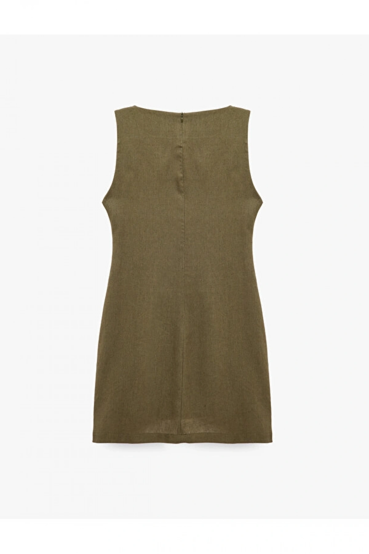 Koton Keten Karışımlı Slim Fit Drapeli Yuvarlak Yaka Metal Aksesuarlı Kolsuz Mini Elbise